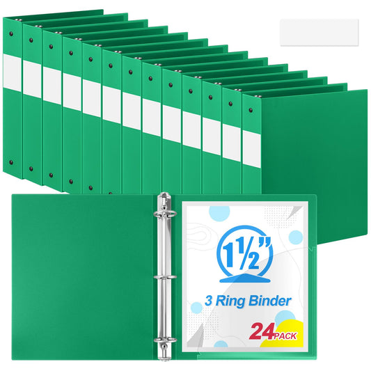 Henoyso 24 Pcs Green 1.5" 3 Ring Plastic Binder Bulk, 1 1/2 Inch Soft Flexible Binders Round Rings, Fits Letter Size 8.5'' x 11'' Paper, Holds 350 Sheets, for School Office (1.5 Inch)