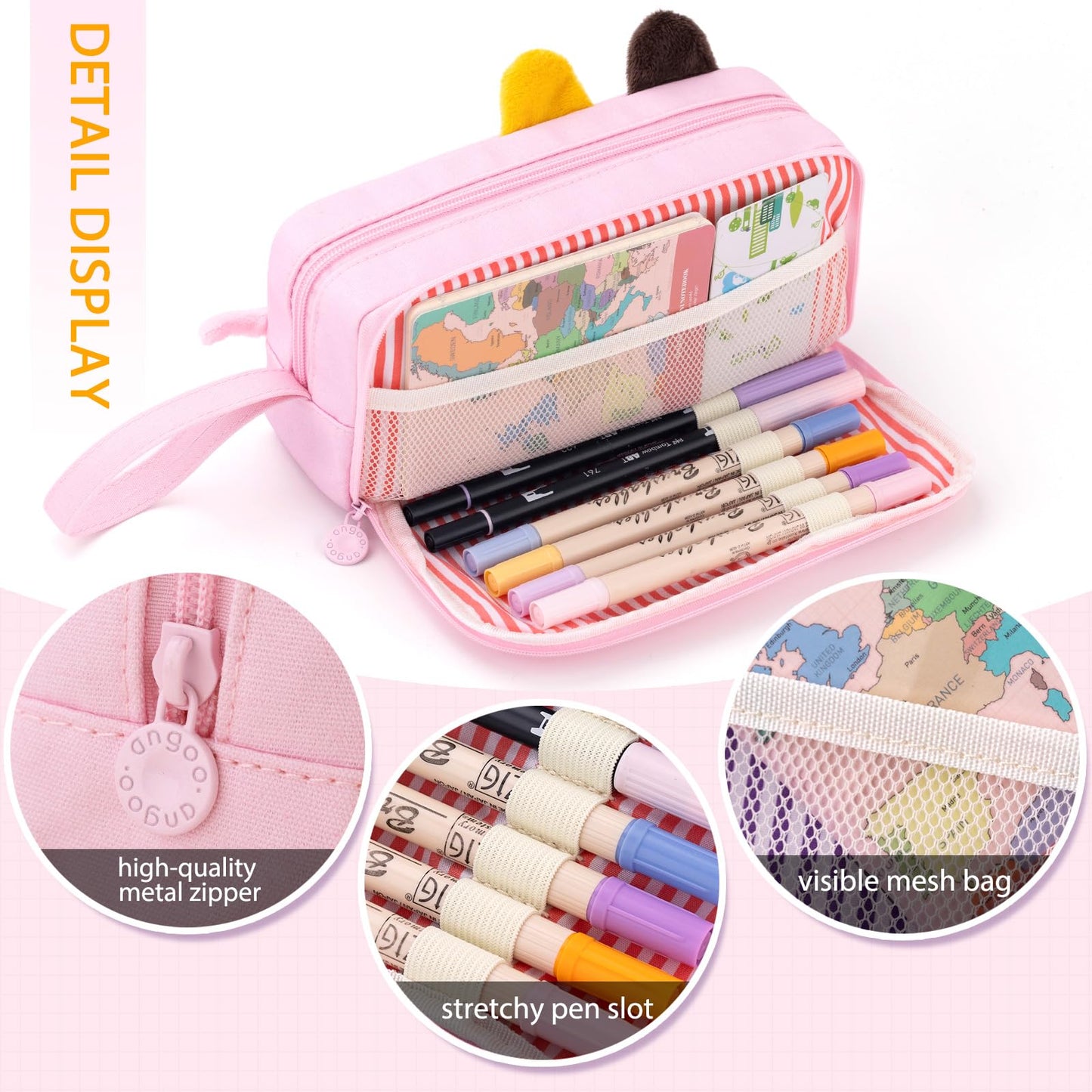 CICIMELON Cartoon Pencil Case, Large Capacity Pen Pouch with Embroidered Animal Design, School Supplies Bag for Kids, Teens, Students (Pink Kitty)
