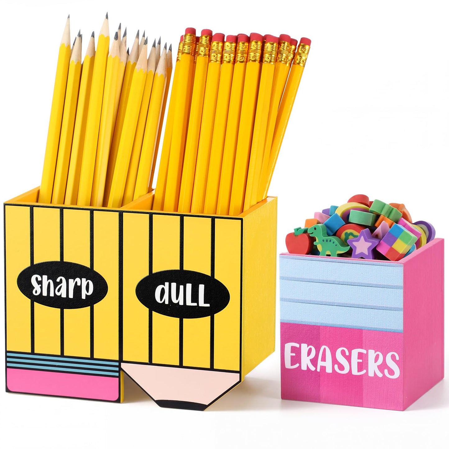 Eaasty Pencil Shaped and Sharp Dull Holder Eraser Wooden Dispenser Pencil Storage 3 Compartments for Back to School Teachers Classroom Organization(2 Pack,Simple)