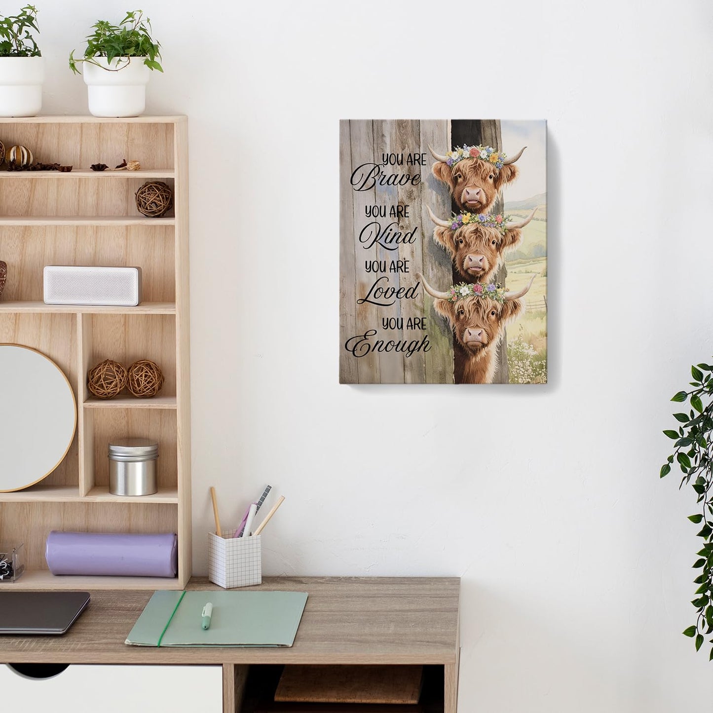 TAZSWDMM Inspirational Highland Cow Framed Canvas Wall Art Posters, Motivational Quotes Rustic Highland Cow Wall Art Prints for Bedroom Home Office Kids Room Nursery Decor, 11x14 Inch