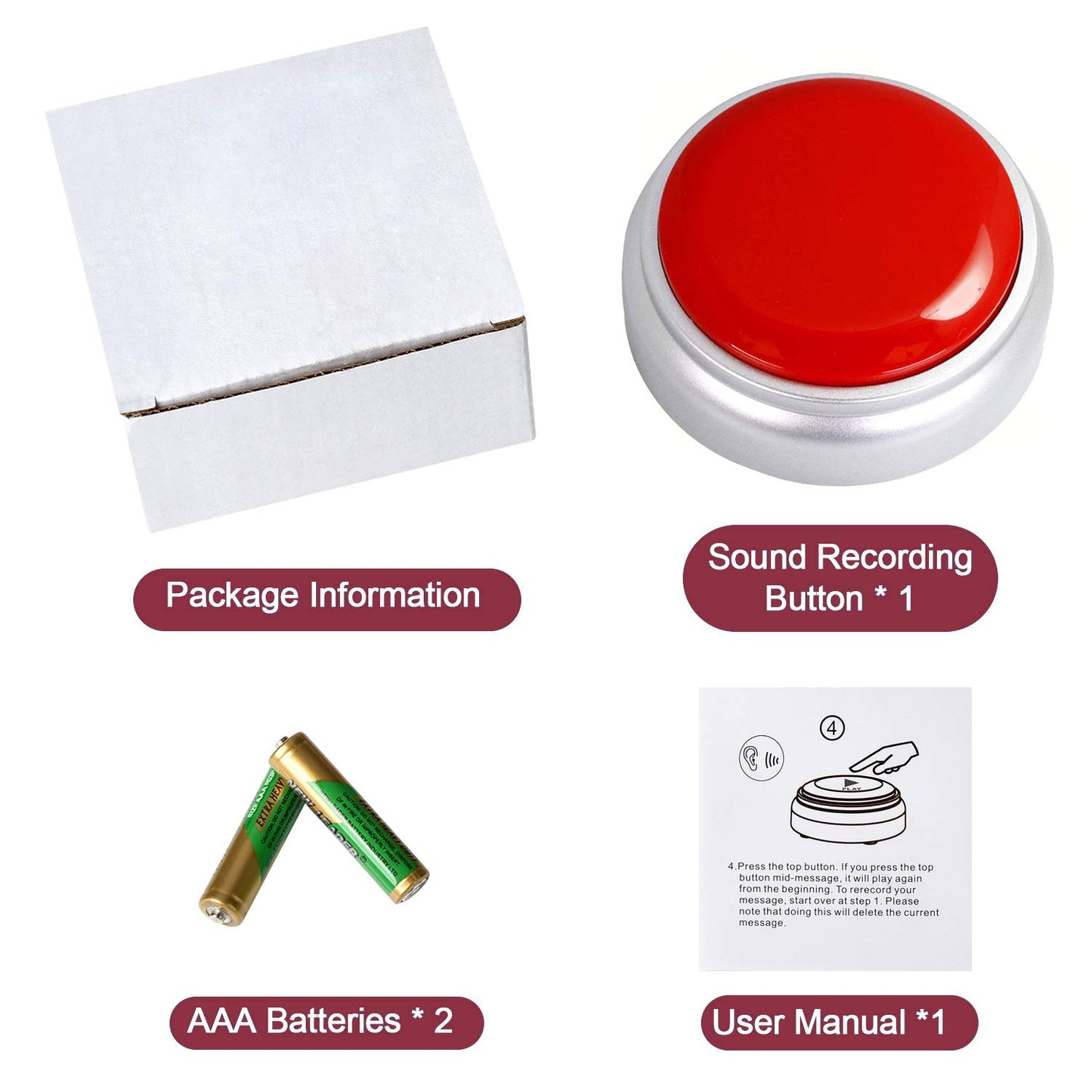 Sound Button- 30 Seconds Custom Recordable Talking Button-Record & Playback Your Own Message-Quality Voice Sound Recorder-Answer Buzzer (RED+Sliver)