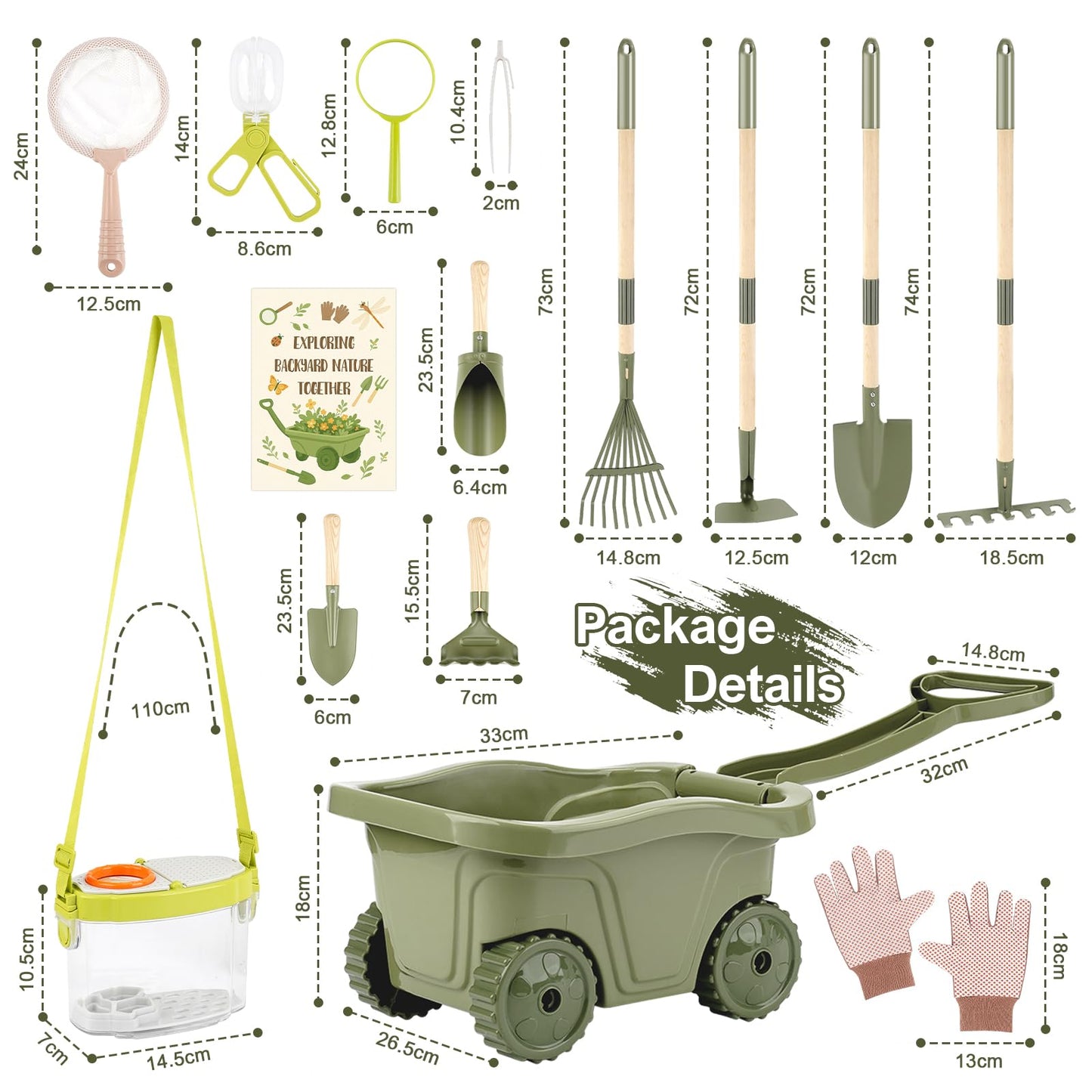 Dreamon Kids Gardening Tools & Bug Catcher Kit, 2-in-1 Outdoor Toys with Wheelbarrow and Bug House, STEM Educational Toys for 3 Year Old, Birthday Gifts Outdoor Gifts for Kids 3-5, Green