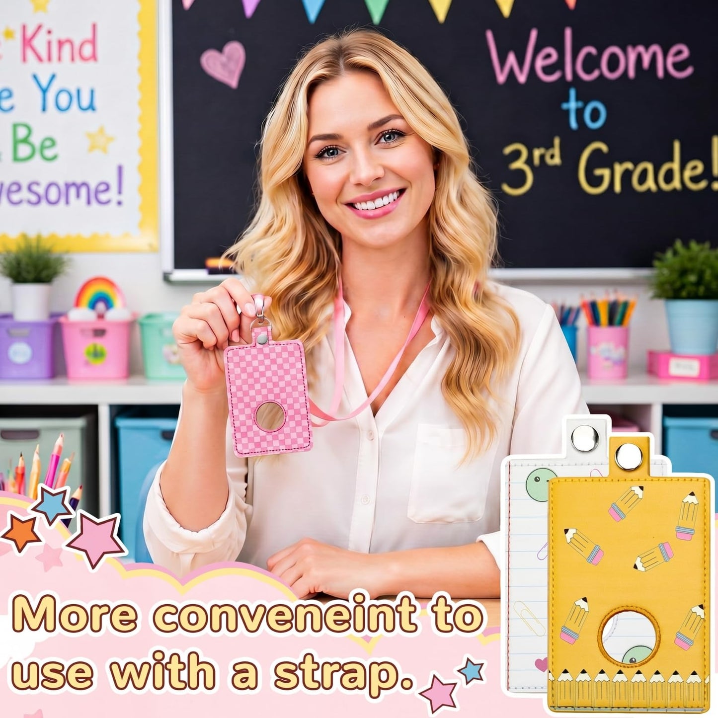 Gueevin 6 Pcs Teacher Alarm Badge Holder 4.2x2.8 Inch Checkerboard Alarm ID Badge Holder for Teachers Educator Staff School Teacher Appreciation Gift