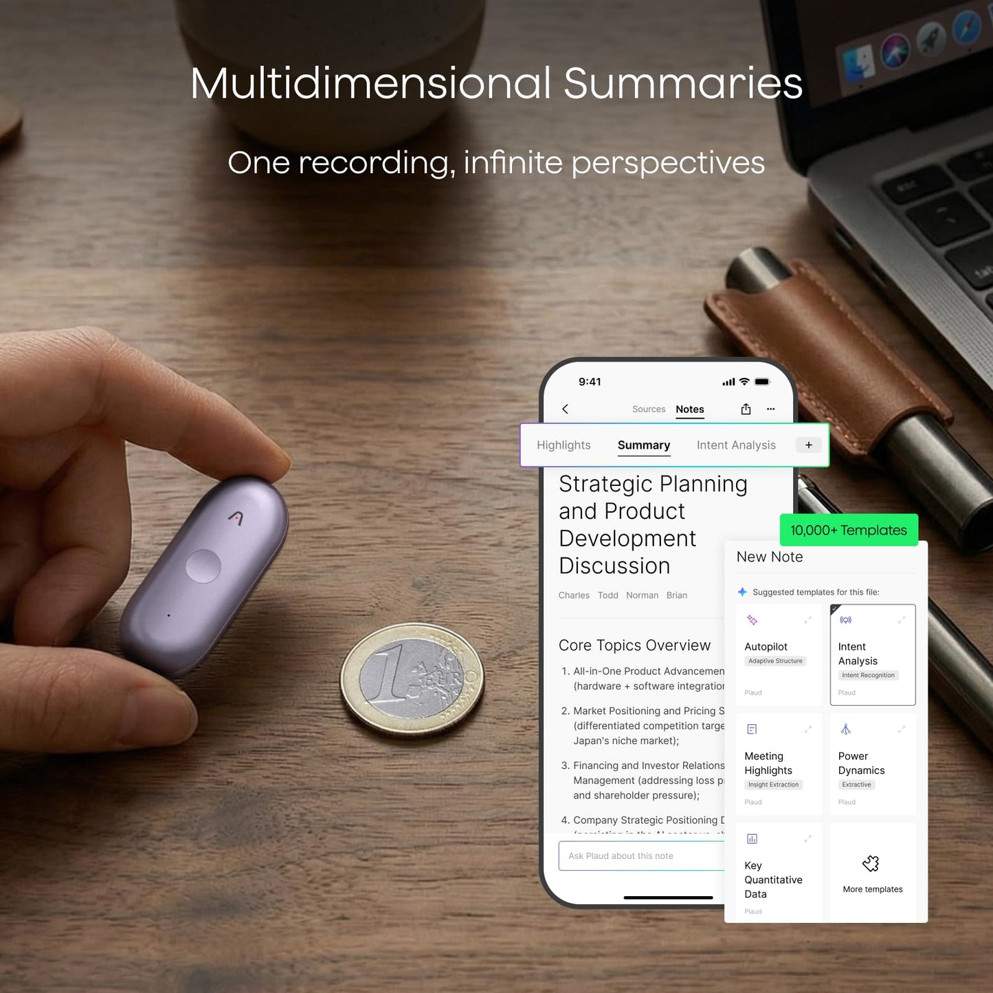 Plaud NotePin S AI Voice Recorder, Wearable AI Notetaker, AI Transcribe & Summarize, Support 112 Languages, 64GB Audio Recorder for Meetings Interviews, Professionals, Teams, with 4 Accessories