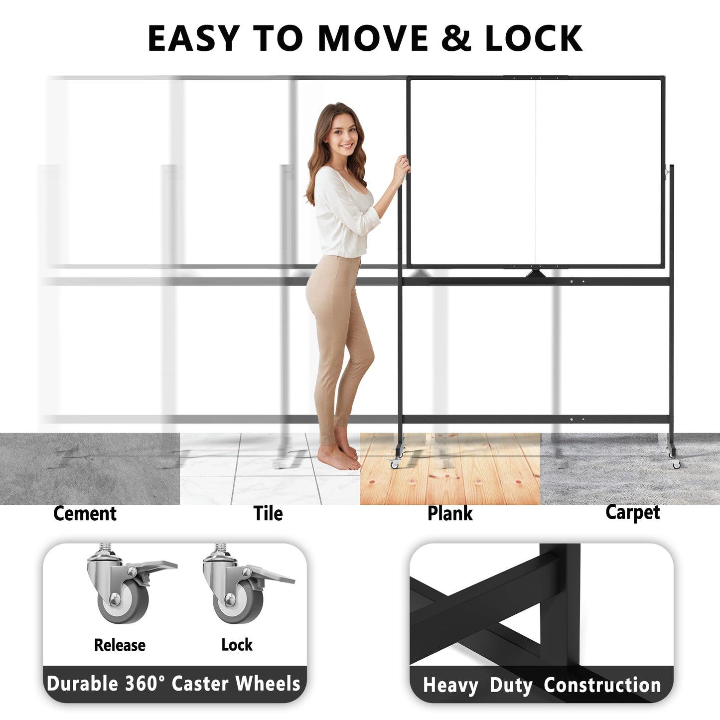 Large Rolling Whiteboard on Wheels, 48" x 36" Double-Sided Mobile White Board with Stand, 4' x 3' Portable Standing Magnetic Dry Erase Board Easel for Home Office Classroom School, Black