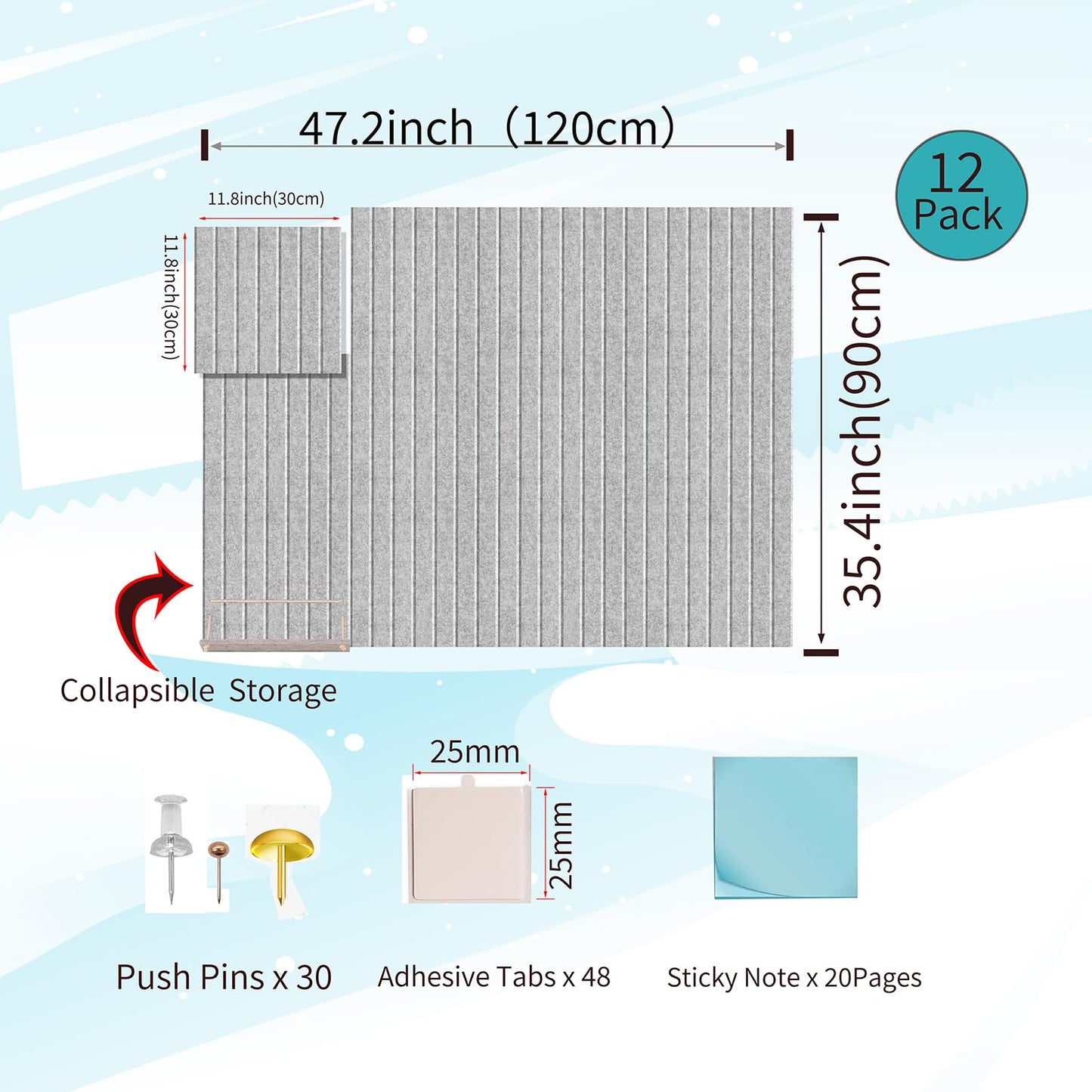 12 Pack Bulletin Boards 48" x 36" Alternative Cork Board for Office,Built-in Storage Device，Large Cork Boards for Walls ， Felt Wall Tiles, Contains Removable Security Stickers and PushPins (V-Gray)