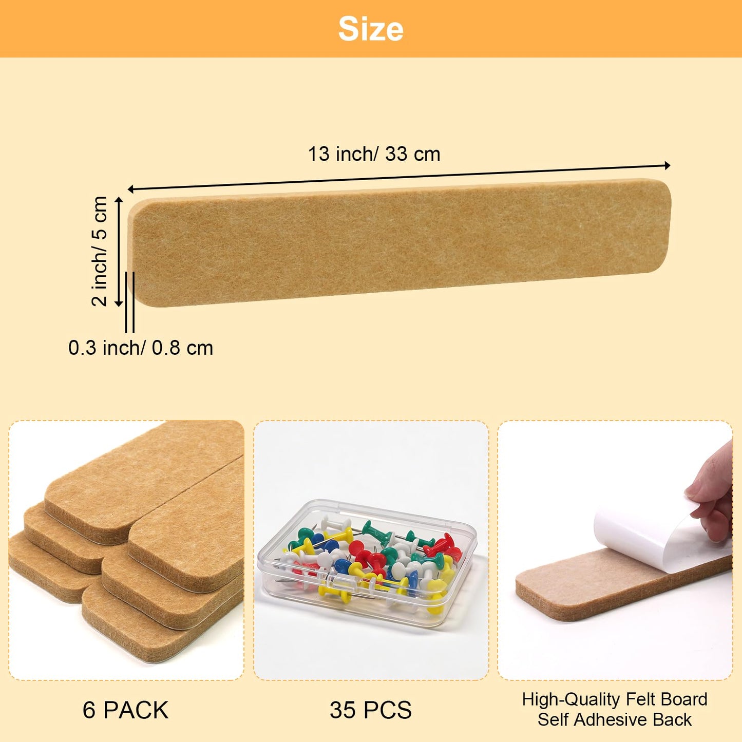 Fushing Cork Boards Felt Bulletin Boards, 13"x2" Pin Boards with Push Pins, Self-Adhesive, No-Drill Wall Mount Pin Boards for Classroom, Office, Home, Dorm, Bedroom Door (6)