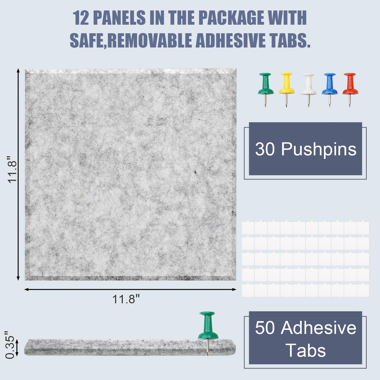 Large Cork Board Alternative 48" X 36" Bulletin Board - 12 Pack Removable Felt Wall Tiles with 30 pushpins, Large Cork Boards for Walls Cork Board for Office Pin Board Tack Board - Silver Gray