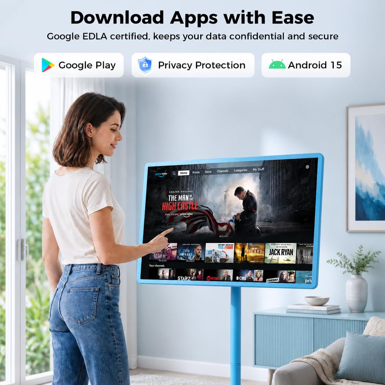 32 Inch Portable Smart TV | 1080P Touch Screen | Android 15 8G+128GB Storage | Movable Monitor on Wheels | 5MP Camera | 38,400 mAh Battery | Voice/Airmouse Remote Control | Versatile Rotatable Display