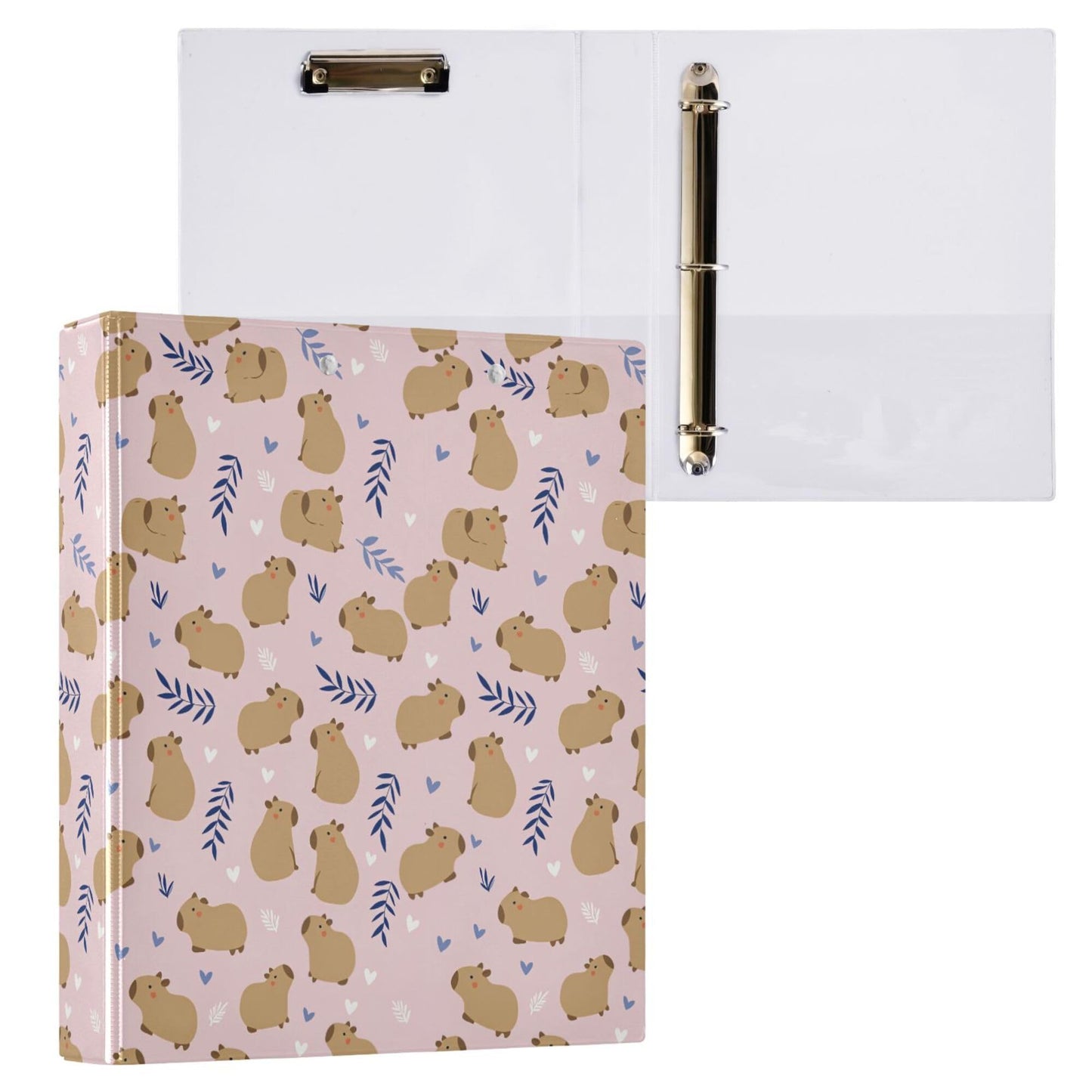 Cute Capybara Round Ring Binders 1.5 Inch Flowers Strawberry Doodle Pattern 3 Ring Clipboard Binder for Office School Work Supplies File Folder 200 Sheet Capacity