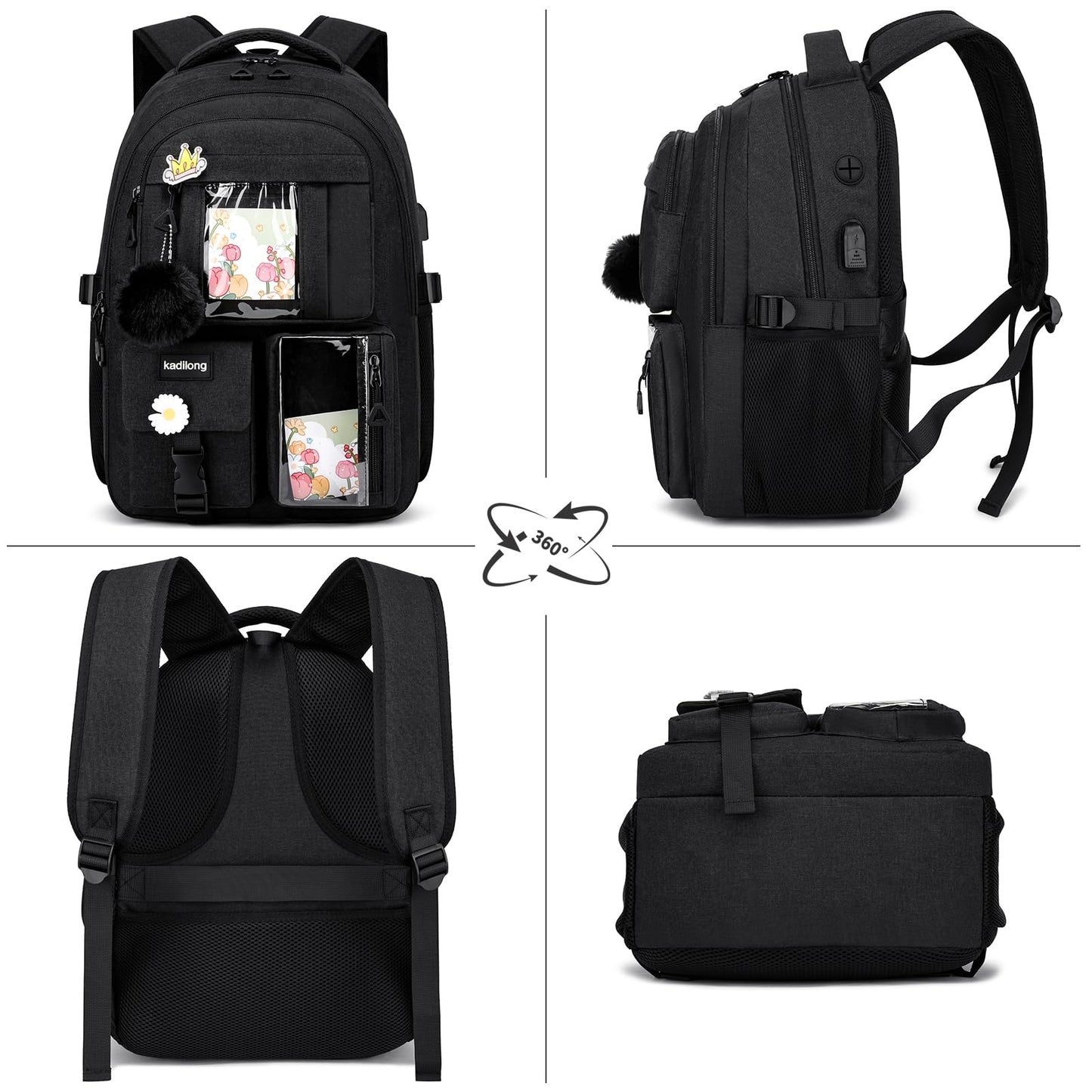 kadilong School Backpacks for Teen Girls Bookbag for Middle School College Students, Cute Backpacks for Women 15.6 Inch Laptop Bag Back Pack School Bag Anti Theft (Black)