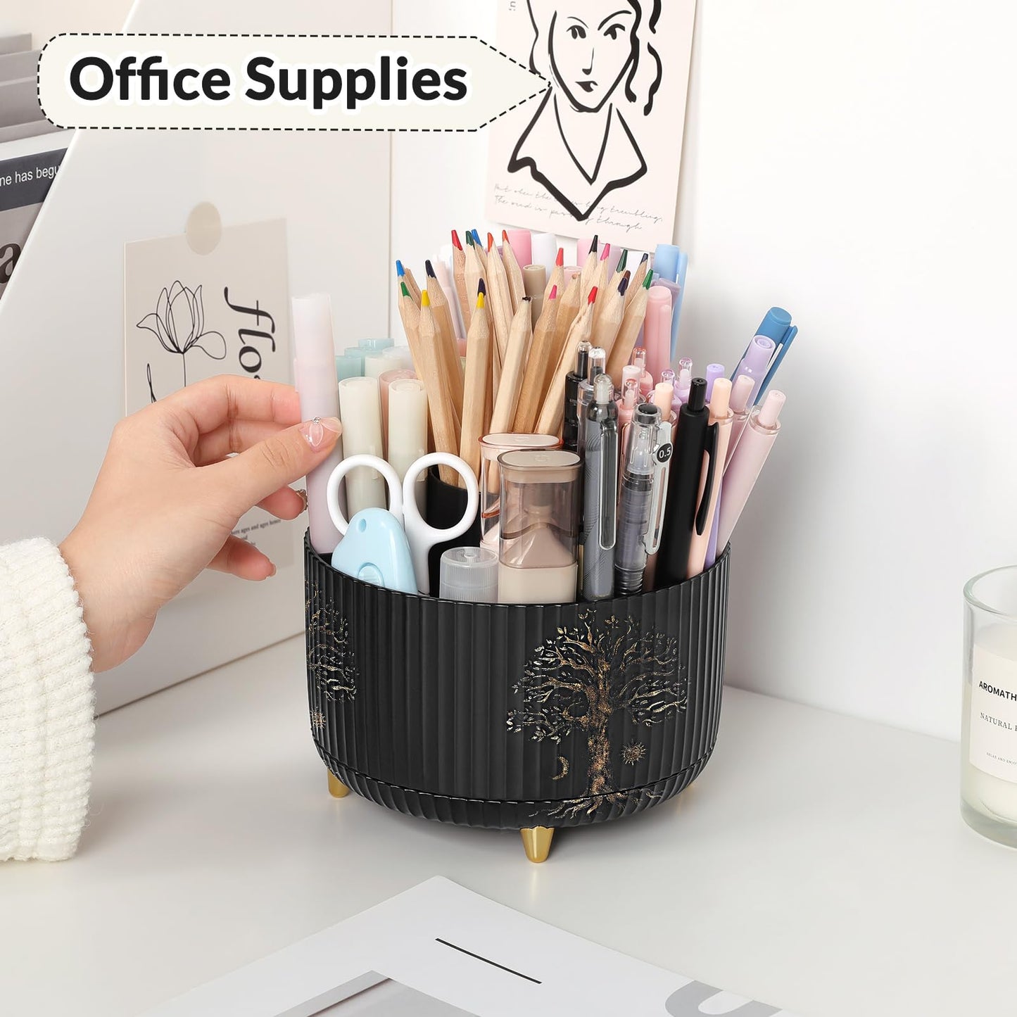 SKYDUE 360 Degree Rotating Desk Organizer, Dual-Purpose Pencil Pen Holder for Desktop, Desk Pen Organizer with 5 Slots, Office Supplies, Pencil Cup for Office, School, Home