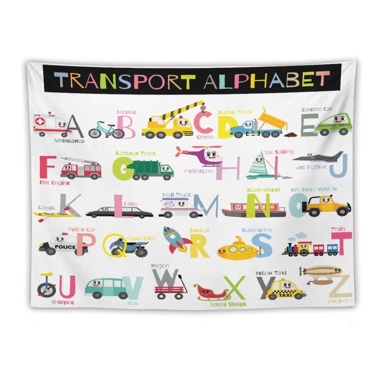 DDCBNS Cartoon ABC Alphabet Tapestry for Kids Boys Girls,Cute Car Plane Funny Transportations Print Educational Tapestry Wall Hanging Home Décor for Study Nursery Bedroom Living Room 80" x 60"