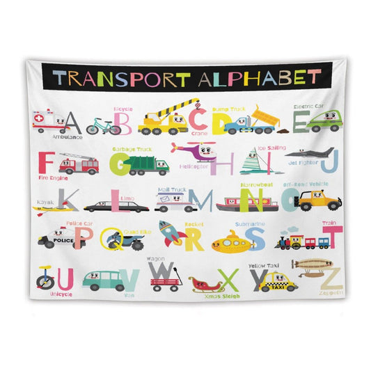 DDCBNS Cartoon ABC Alphabet Tapestry for Kids Boys Girls,Cute Car Plane Funny Transportations Print Educational Tapestry Wall Hanging Home Décor for Study Nursery Bedroom Living Room 80" x 60"