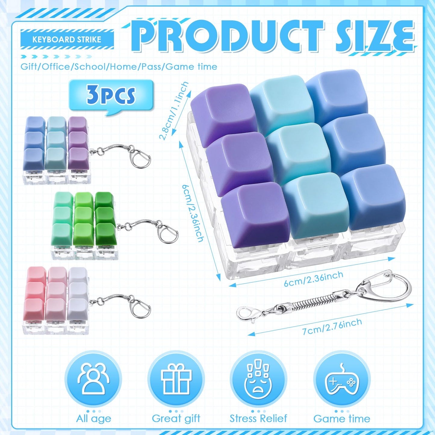Halloscume 3 Pcs Keyboard Adult Fidget Clicker 9-in-1keyboard Fidget Keychain Cube Mechanical Key Button Clicker Stress Relief Gift for Office Home to Pass The Time (Gradient Colors)