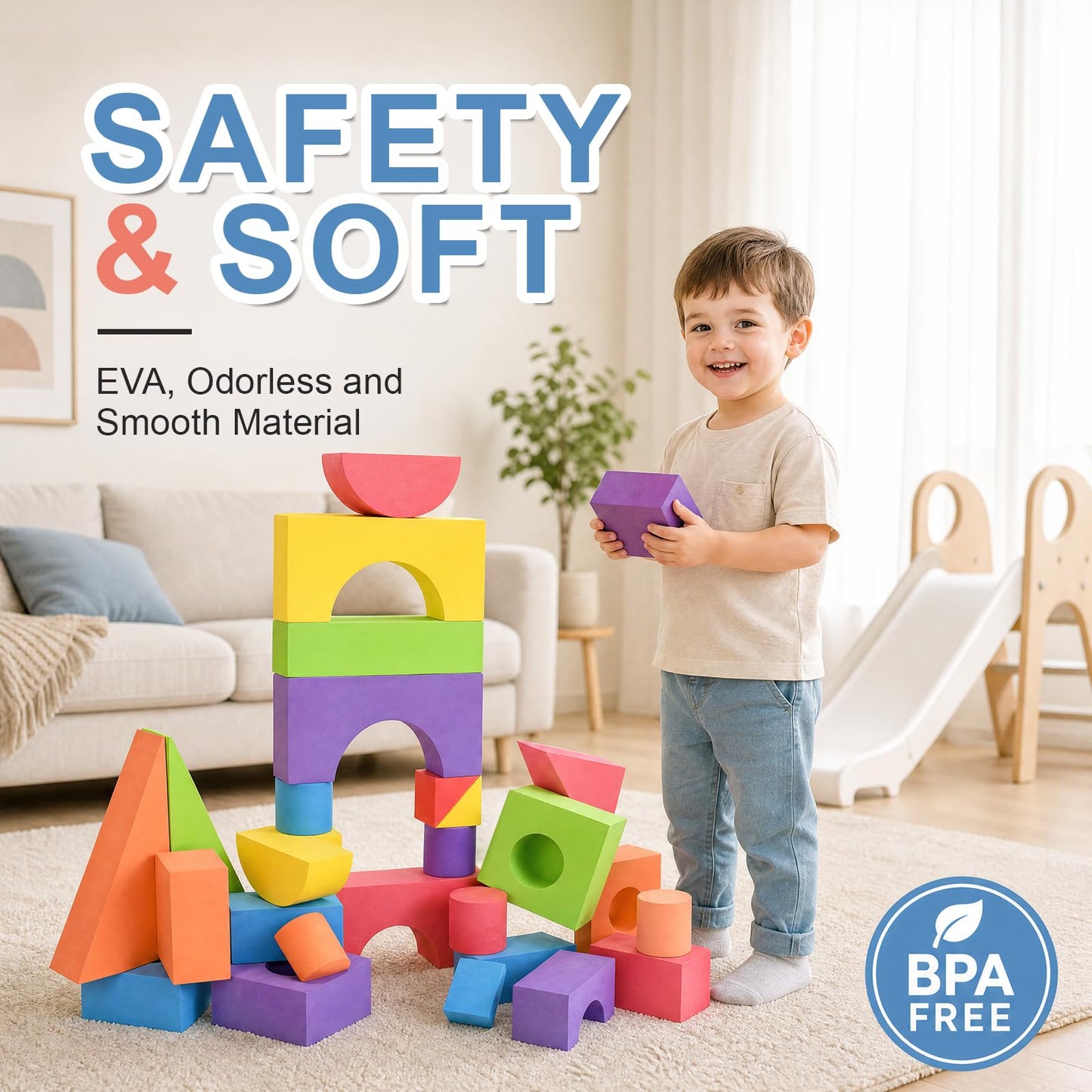 Bingyouth Large Building Foam Blocks for Toddlers, EVA Stacking Foam Building Blocks Toy Set, Non-Toxic, Washable, Early Learning Construction Toys & Gifts for Kids Boys & Girls (Blue, Pieces, 30)