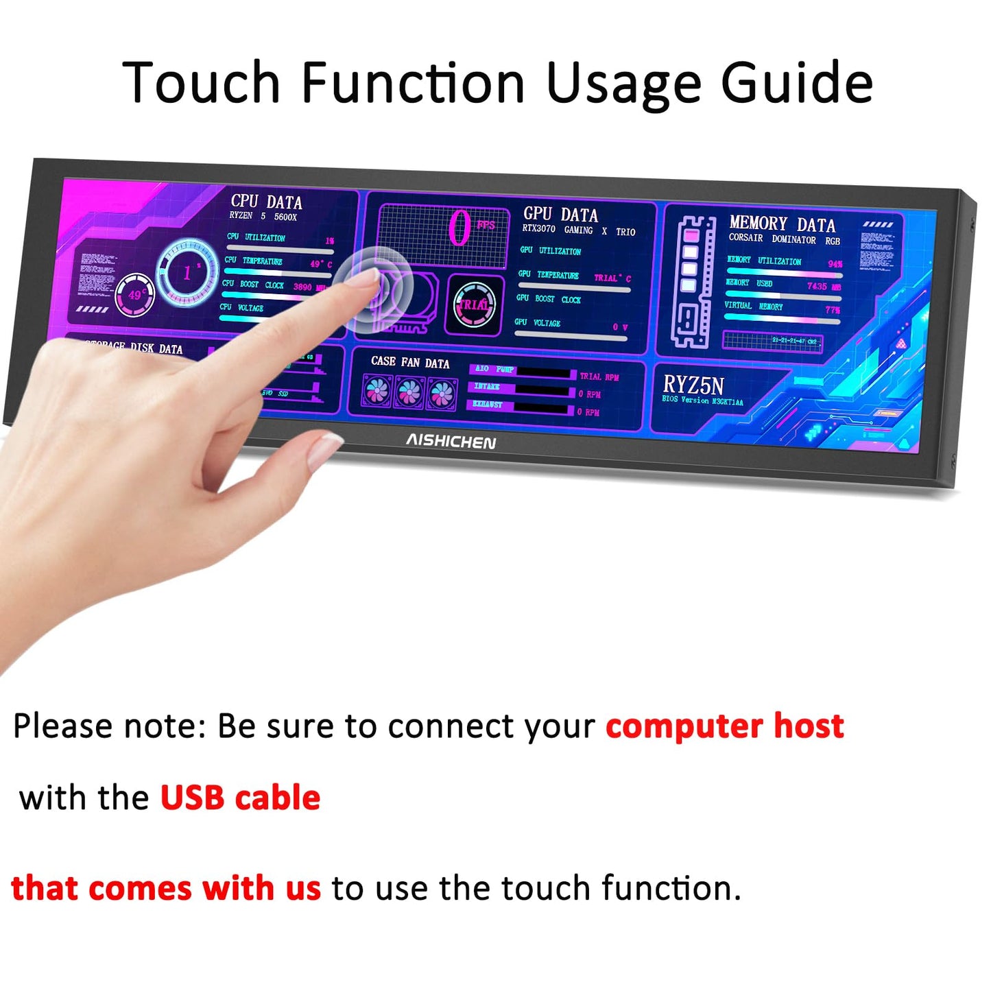 8.8 Inch Small Touchscreen Monitor, PC Temperature Display 1920x480, 60Hz HDMI PC Sensor Panel Display, IPS Mini Screen for Raspberry Pi, AIDA64 CPU RAM Data Temperature Monitor for ARGB Computer Case