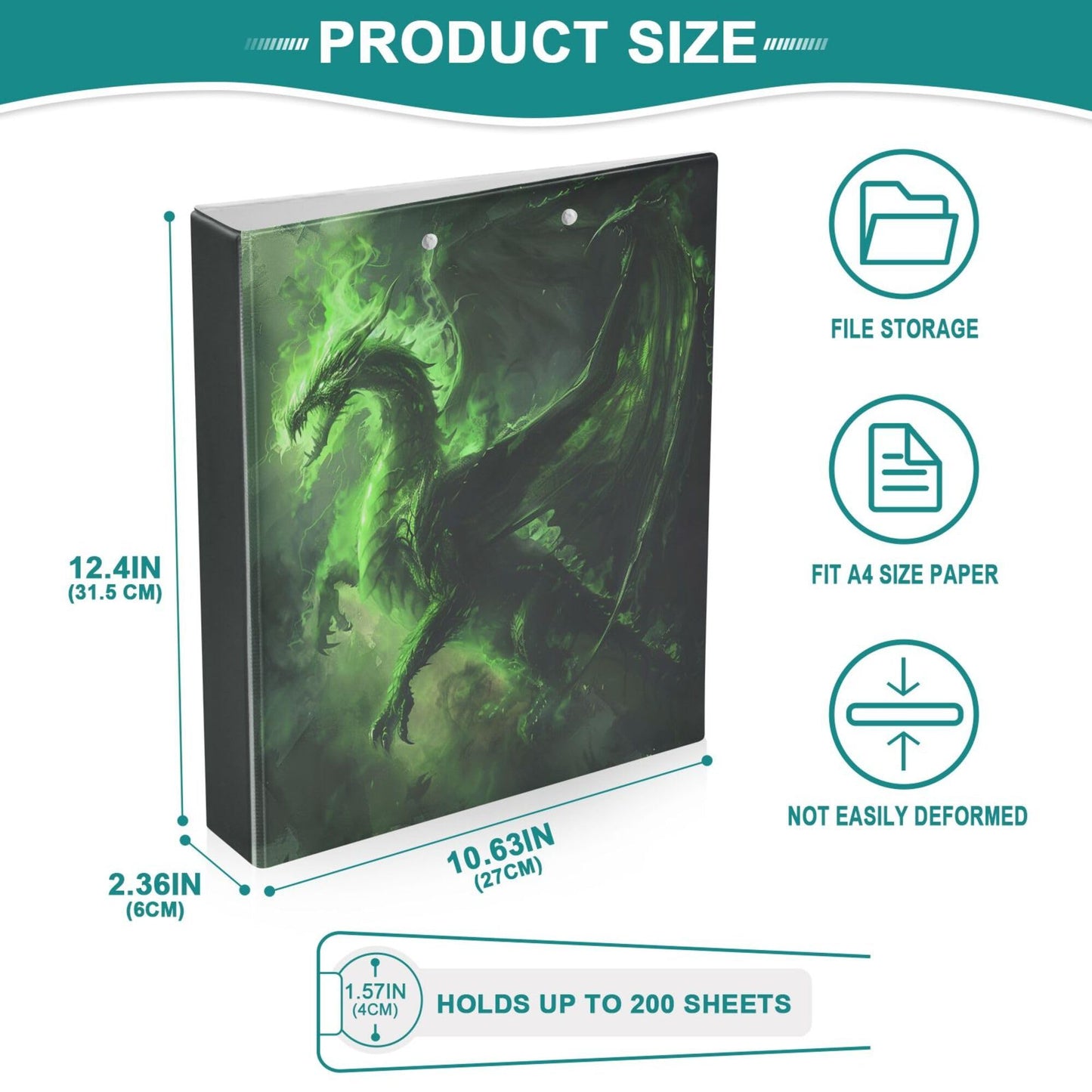 Dino Round Ring Binders 1.5 Green Fire Evil Dragon 3 Ring Clipboard Binder for Office School Work Supplies File Folder 200 Sheet Capacity Easy Open