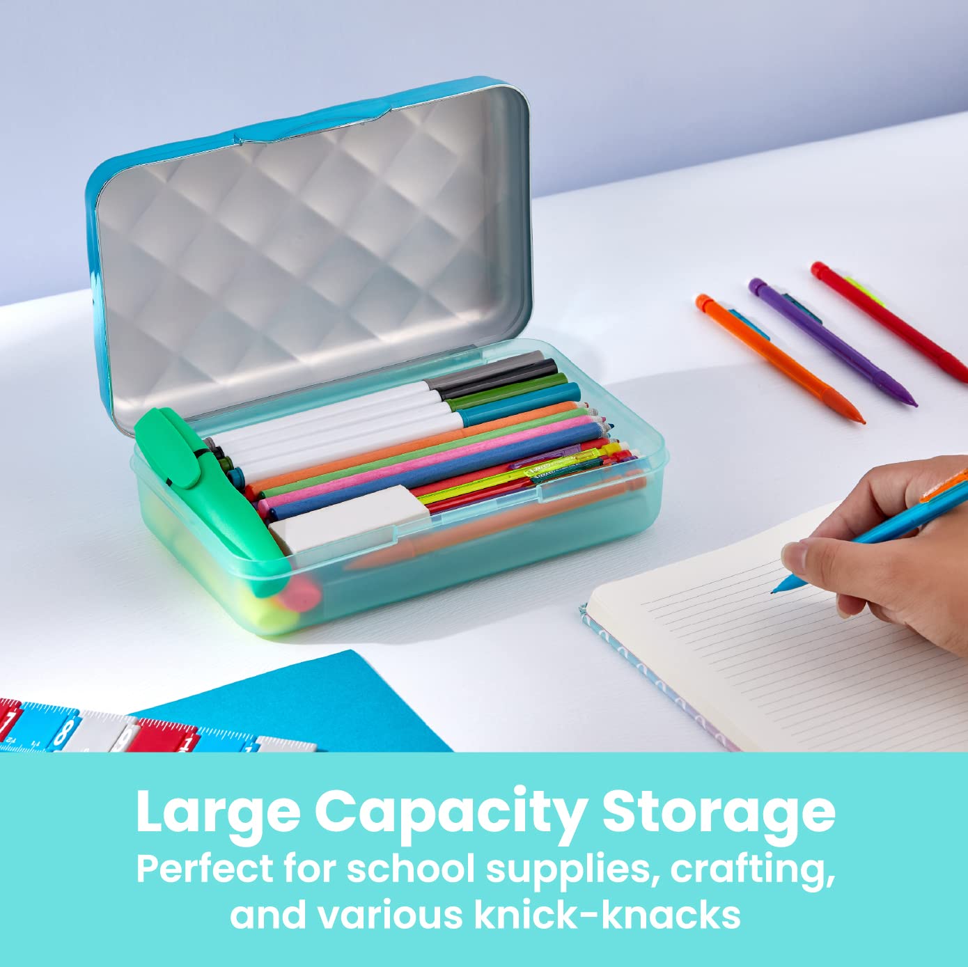 It's Academic Metallic Pencil Case Box, Hard Plastic, Stylish Quilted-Pattern Lid, Blue
