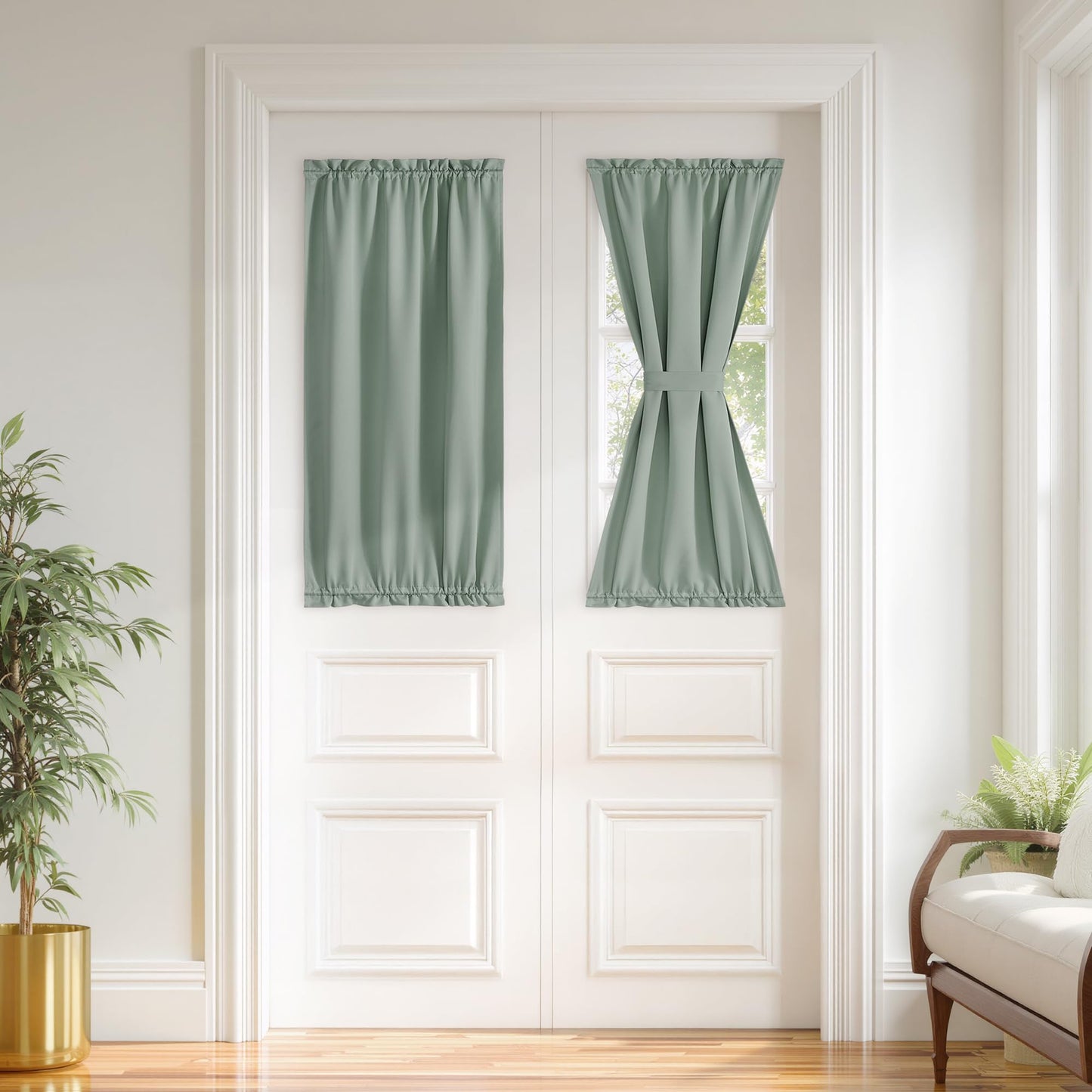 PONY DANCE Sage Green Back Door Curtains for Door Window, 100% Blackout Dual Rod Pocket Privacy French Curtain for Kitchen, Thermal Insulated Small Window Drapes for Classroom, W25 x L40, 1 Panel