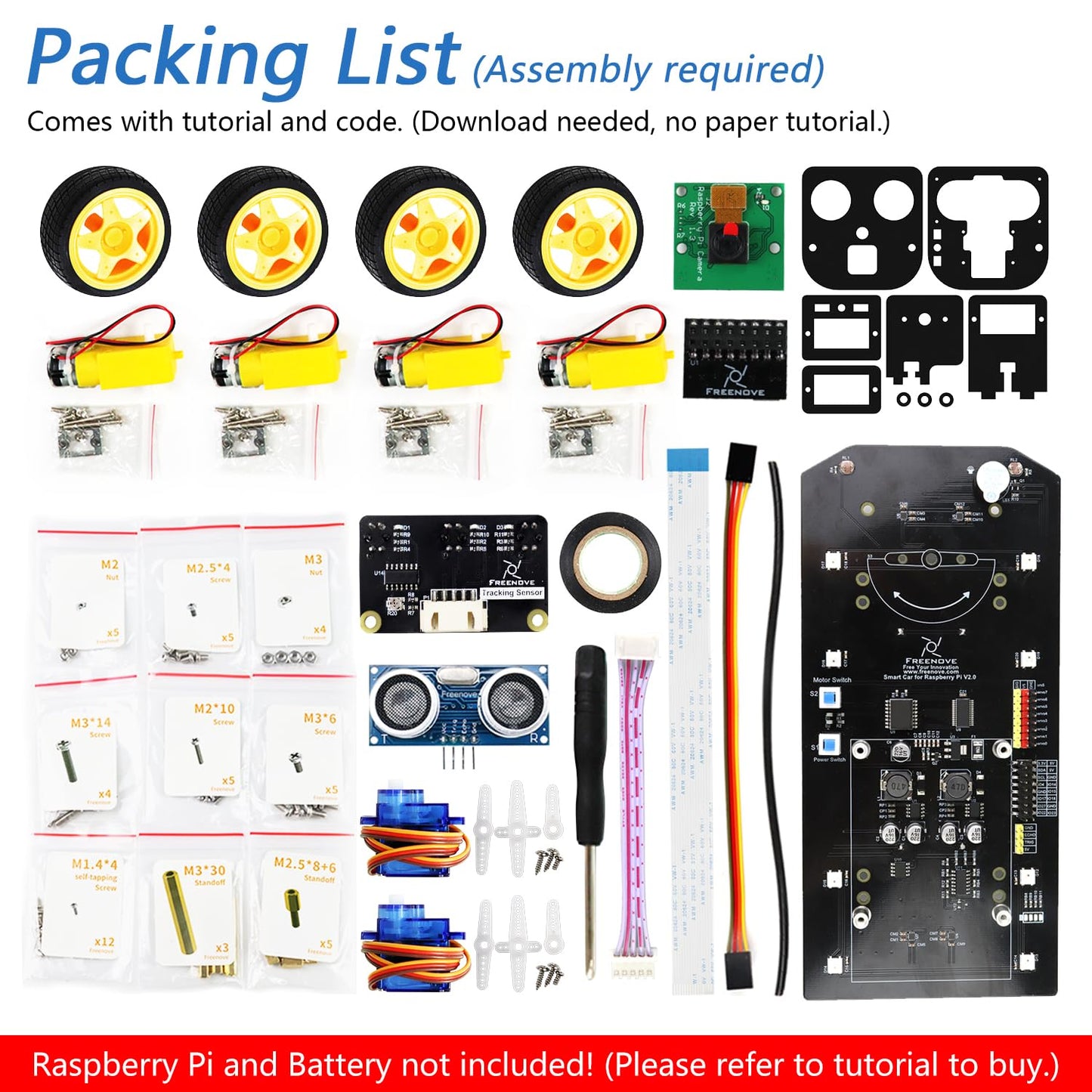 Freenove 4WD Smart Car Kit for Raspberry Pi 5 4 B 3 B+ Zero 2 W, Face Tracking, Line Tracking, Light Tracing, Obstacle Avoidance, App Control, Camera, Servo (Raspberry Pi NOT Included)