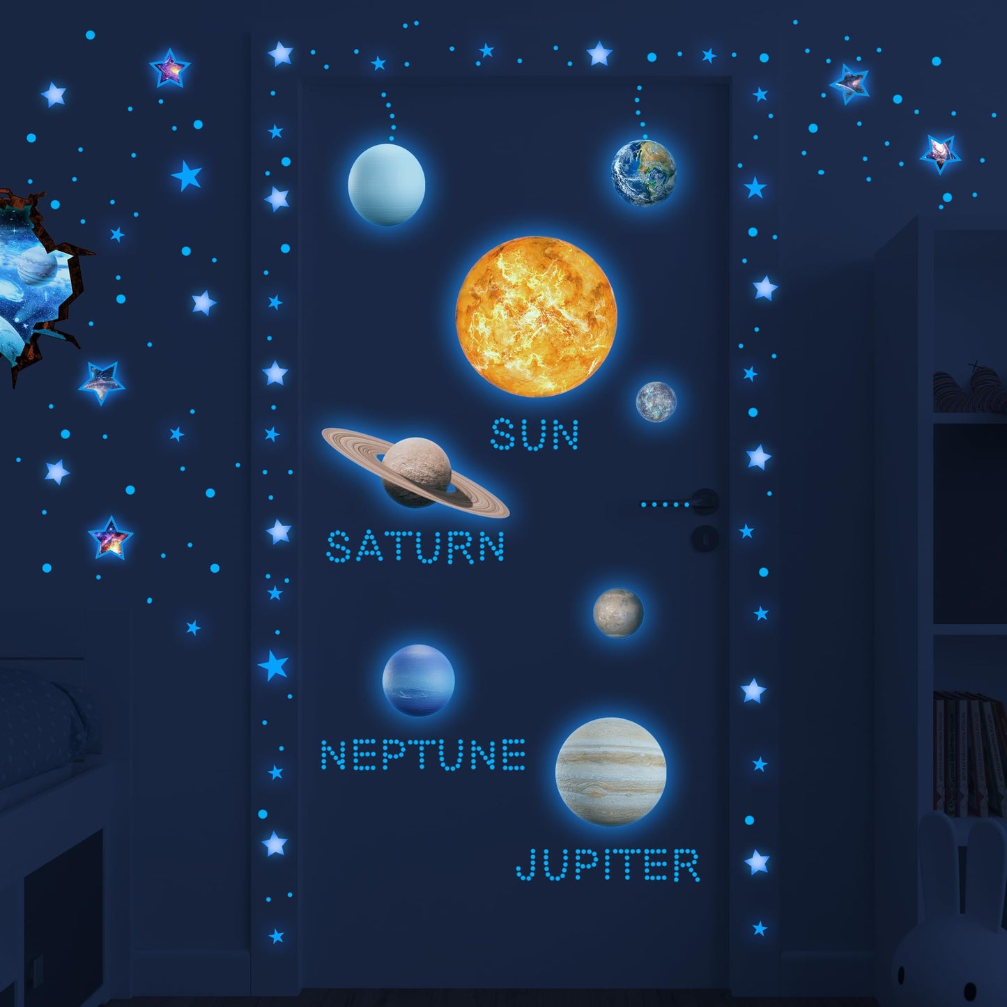 Robmoda Stars and Planets Wall Decals Glow in The Dark, Sun Solar System Stickers for Ceiling, Space Wall Sticker for Kids Room (Blue)