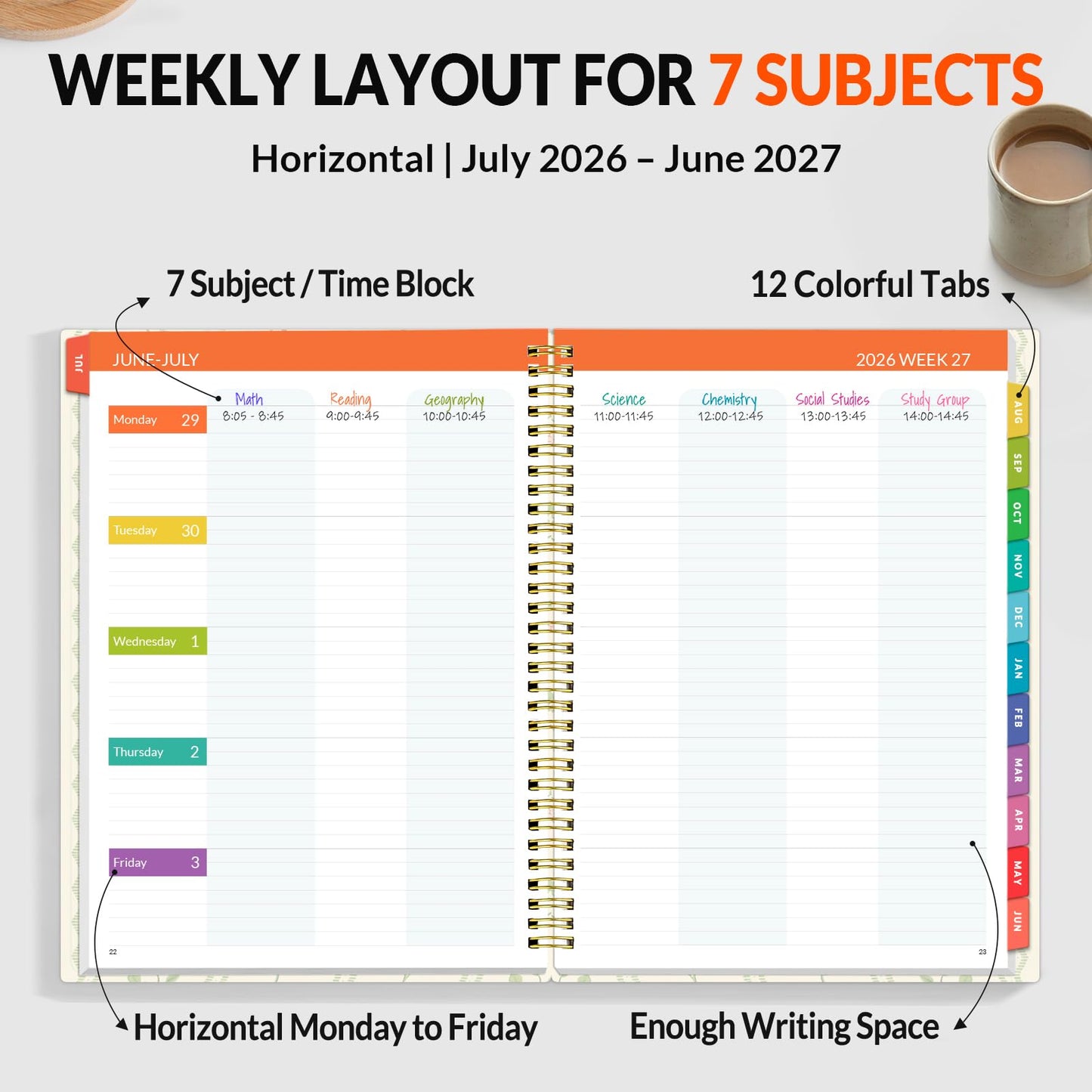 SUNEE Teacher Planner 2026-2027 Academic Year, Lite Lesson Planner Book with 7 Periods Jul 2026 - Jun 2027, 8.5"x11" Daily Weekly and Monthly Organizers, Plan Book with Pocket, Tabs, Floral Stripes