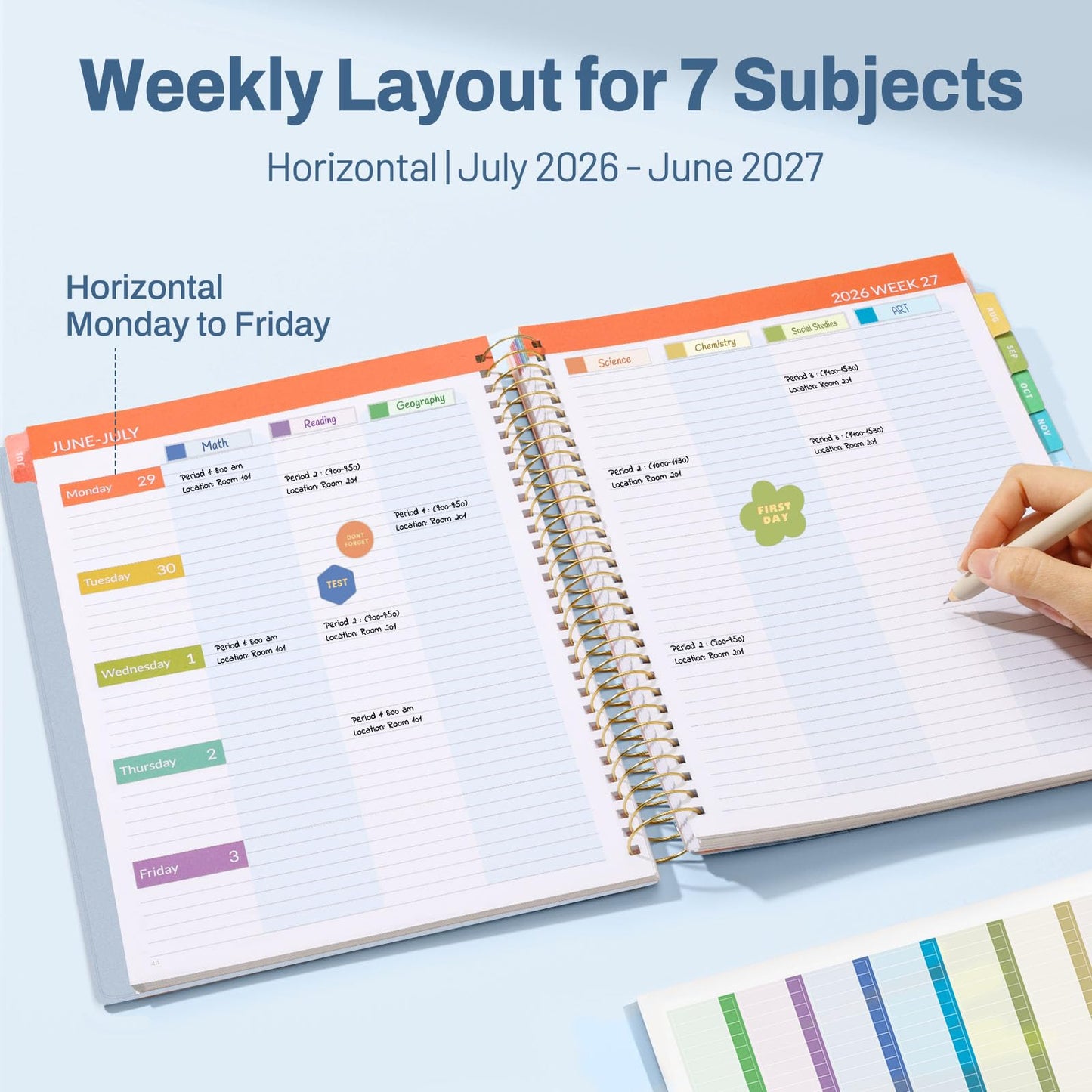 SUNEE Deluxe Teacher Planner 2026-2027, Lesson Planner Book with 7 Periods Jul 2026 - Jun 2027, 8.5" x 11" Daily Weekly and Monthly Organizers with Colorful Tabs, Planning Stickers,120gms Paper, Blue