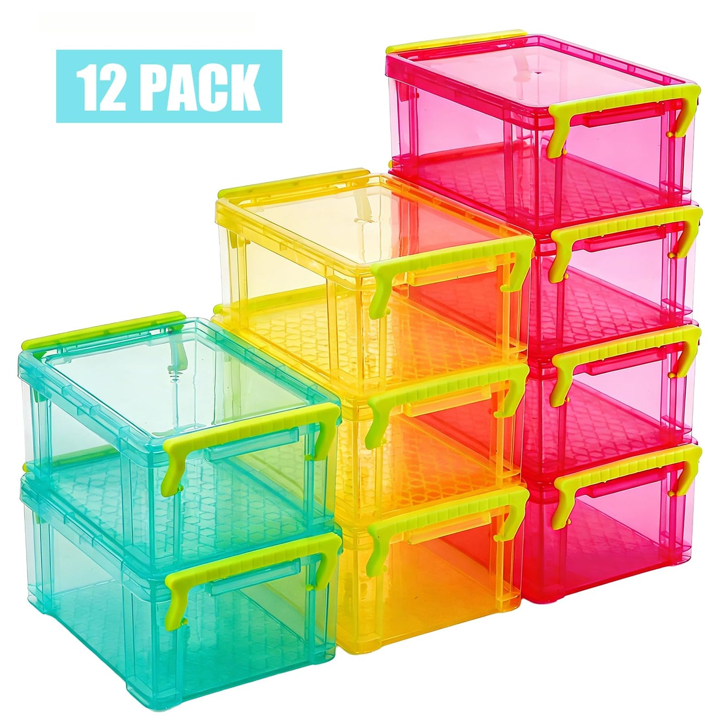 Nicunom 12 Pack Stackable Small Storage Containers with Latching Lids, Clear Plastic Craft Organizer Boxes Bulk for Crayons, Pencils, Art, Craft, Hobby, School Supply, 3 Colors, 5.2x3.9x2.4 Inch