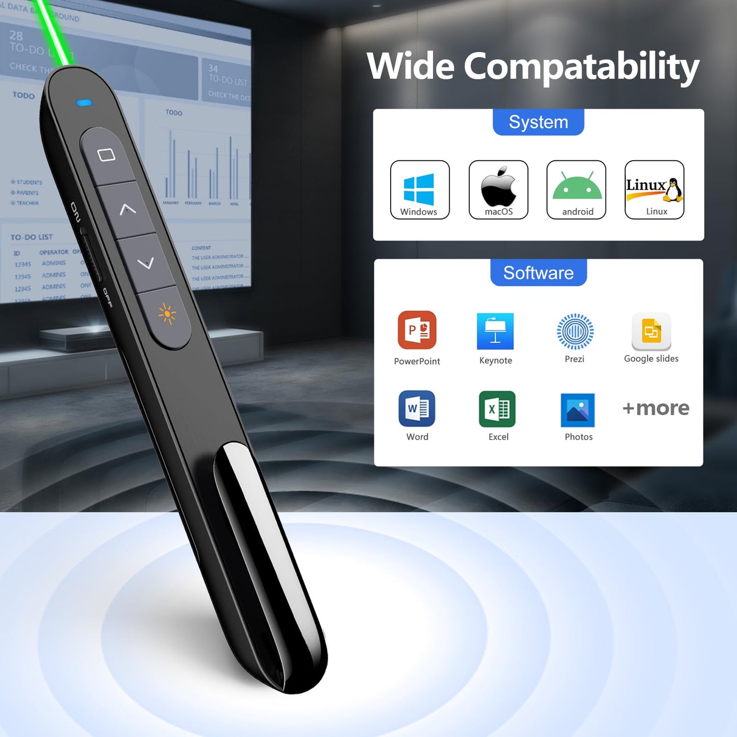 Norwii N76 Rechargeable Presentation clicker, Long Range Presentation Remote, Wireless Presenter, Pointer for PowerPoint Presentations, Slide Control - Green Light