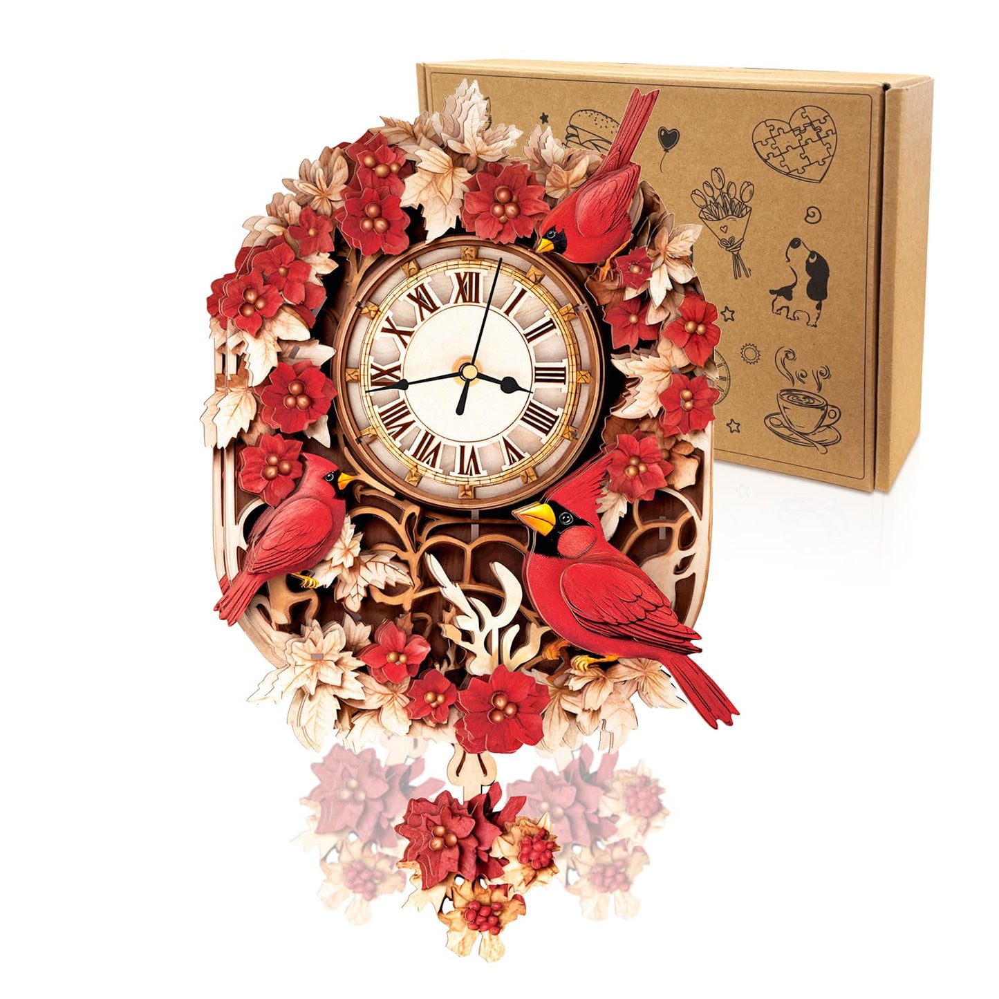 Cutywood 3D Puzzles for Adults Clock-Cardinal Design Model Kit-Mechanical DIY Pendulum Clock with Roman Numerals-Desk Home Office Decor Personalized Gift for DIY Lovers