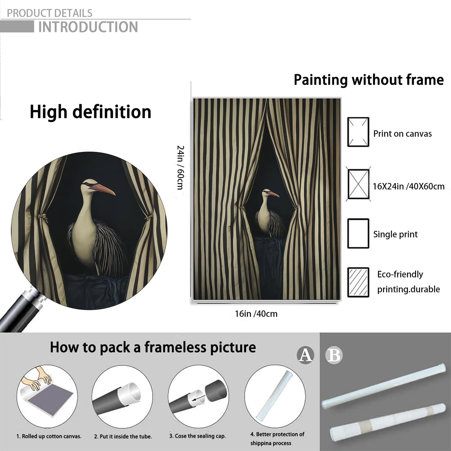 Modern Artwork Nursery Poster Bird Wall Art Cute Animal Picture Funny Animal Wall Art Elegant Bird Black and White Striped Picture Print 16x24 Inch Unframed Poster for Living Room Office Bedroom Dorm