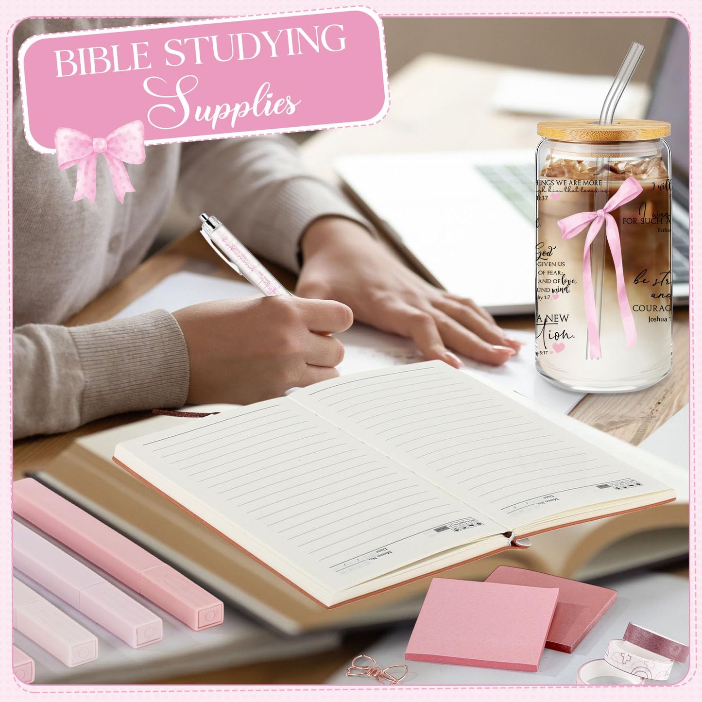 Singhoow 29 Pcs Bible Journaling Supplies Kit 16 oz Glass Cup Pink Bag Pink Bows Leather Notebook Highlighters Pens Sticky Note Tapes Bible Study Supplies for Women Sunday School Teacher