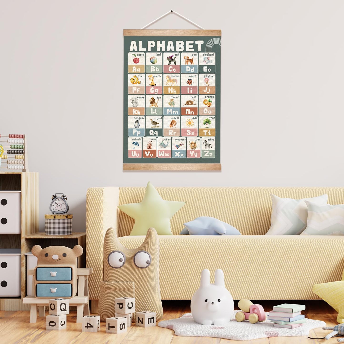 Educational Alphabet Chart Wall Art, 18.5x14Inch Colourful Alphabet Canvas Print Poster with Wooden Hanger, Classroom Learning Posters, A-Z Letters Wall Art Decor for Nursery,Playroom and Home School