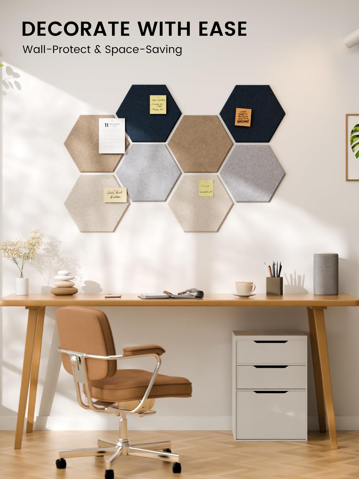Fluxynara Hexagon Cork Board Alternative for Walls Decor-8-Pack Felt Bulletin Board Tiles,with 30 Pushpins,50 Adhesive Tabs for Office,Classrooms & Home Pin Board Felt Board-Nordic Slate