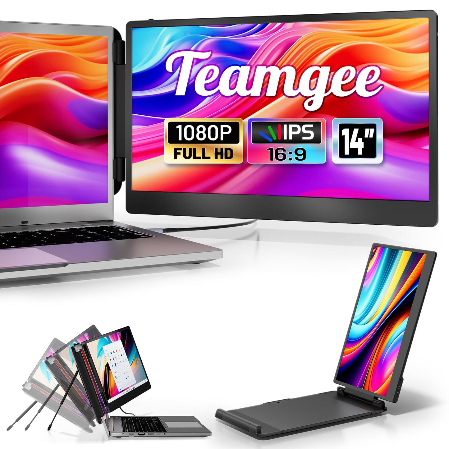 Teamgee 14” Laptop Screen Extender, S1 Dual FHD IPS Portable Monitor for 13–17” Laptops, USB-C/HDMI Plug & Play, Compatible with Windows, macOS & Android, Perfect for Hybrid Work & Travel