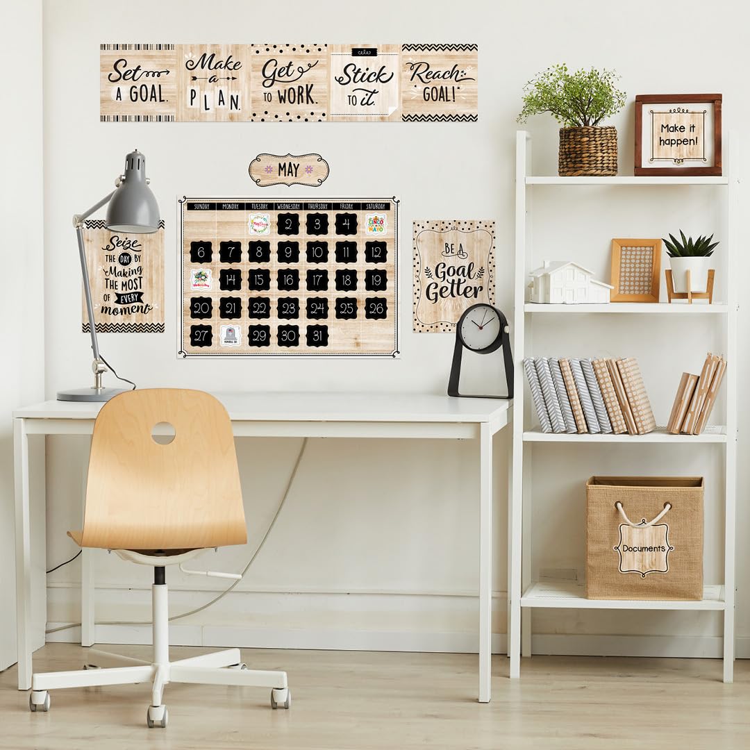 CTP Core Décor Black, White, and Wood Calendar Set Bulletin Board Top Classroom Decorating Accents (Creative Teaching Press 10920)