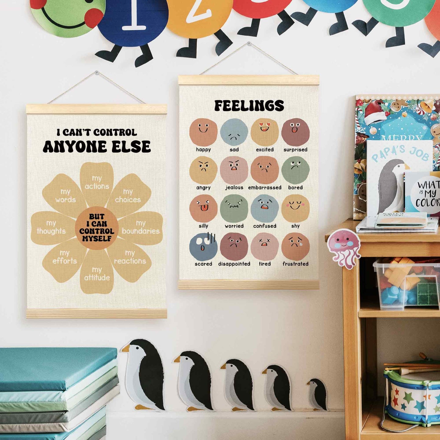 TLESKE Mental Health Feelings Emotions Chart Poster Hanger Frame for Toddler Kid Classroom Set of 2, Homeschool Wall Art Decor for Nursery Playroom, Preschool Prek Learning Educational Poster, 16x24