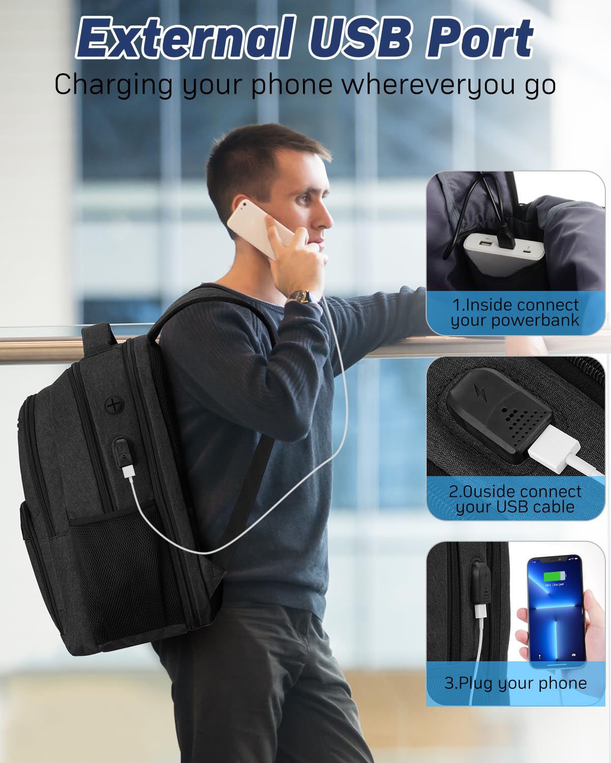kadilong Laptop Backpack for Men, School Bookbag Gift for Teens Boys Student High School,College Computer Bag Business Anti Theft Sturdy Back Pack with USB Charger Fits 15.6 Inch Notebook, Black
