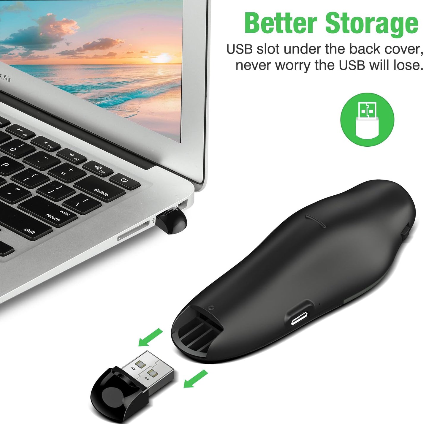 DinoFire Green Presentation Clicker Wireless Presenter Remote, RF 2.4GZ Rechargeable USB Slide Clicker for Powerpoint Presentation Computer Laptop
