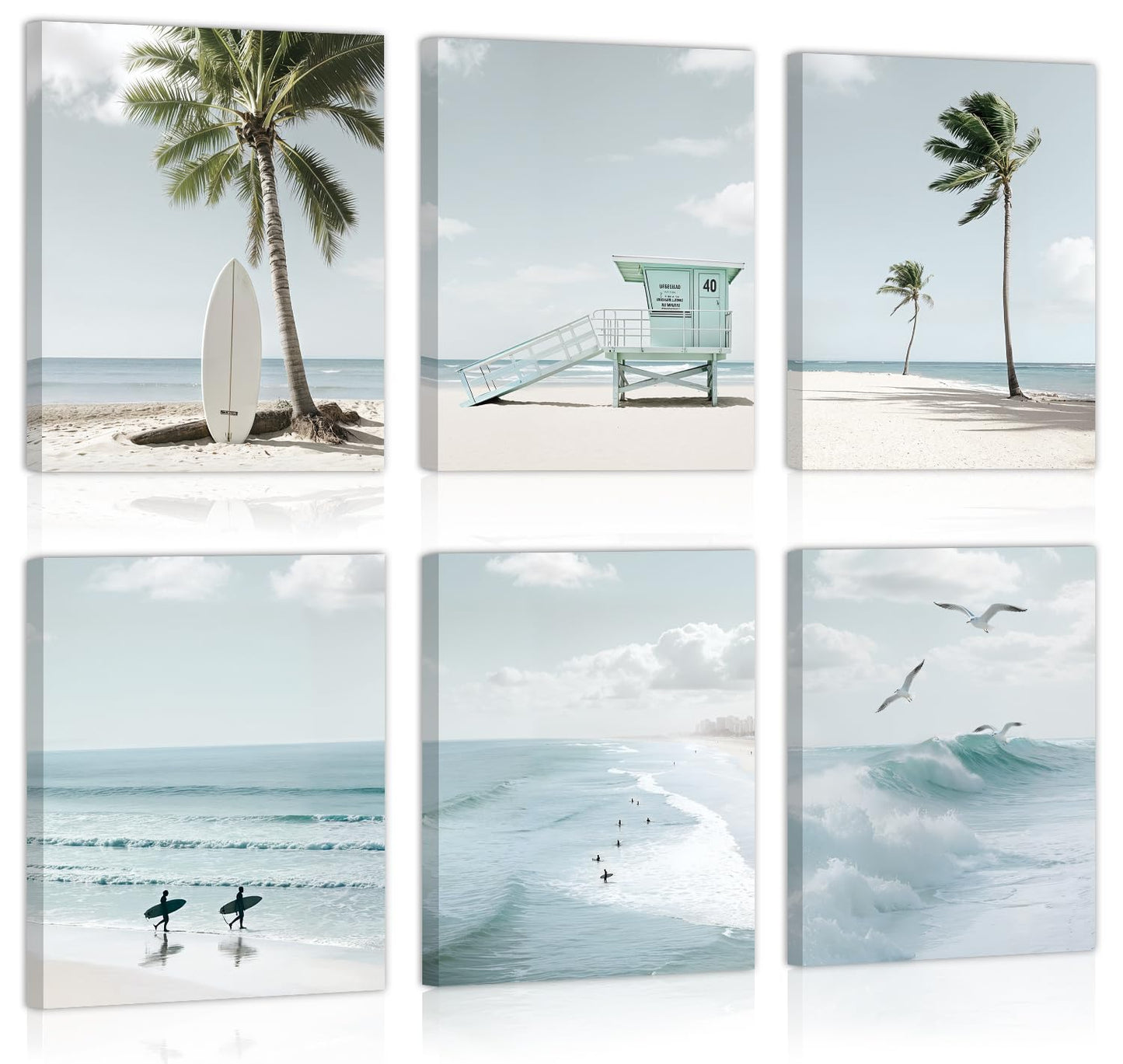 CHDITB Beach Canvas Wall Art, Coastal Palm Tree Surfboard Wall Decor, Ocean Wave Seagull Artwork, Minimalist Surfing Pictures, Tropical Beach Prints for Bathroom Living Room seaside Bedroom 8”x10”x6