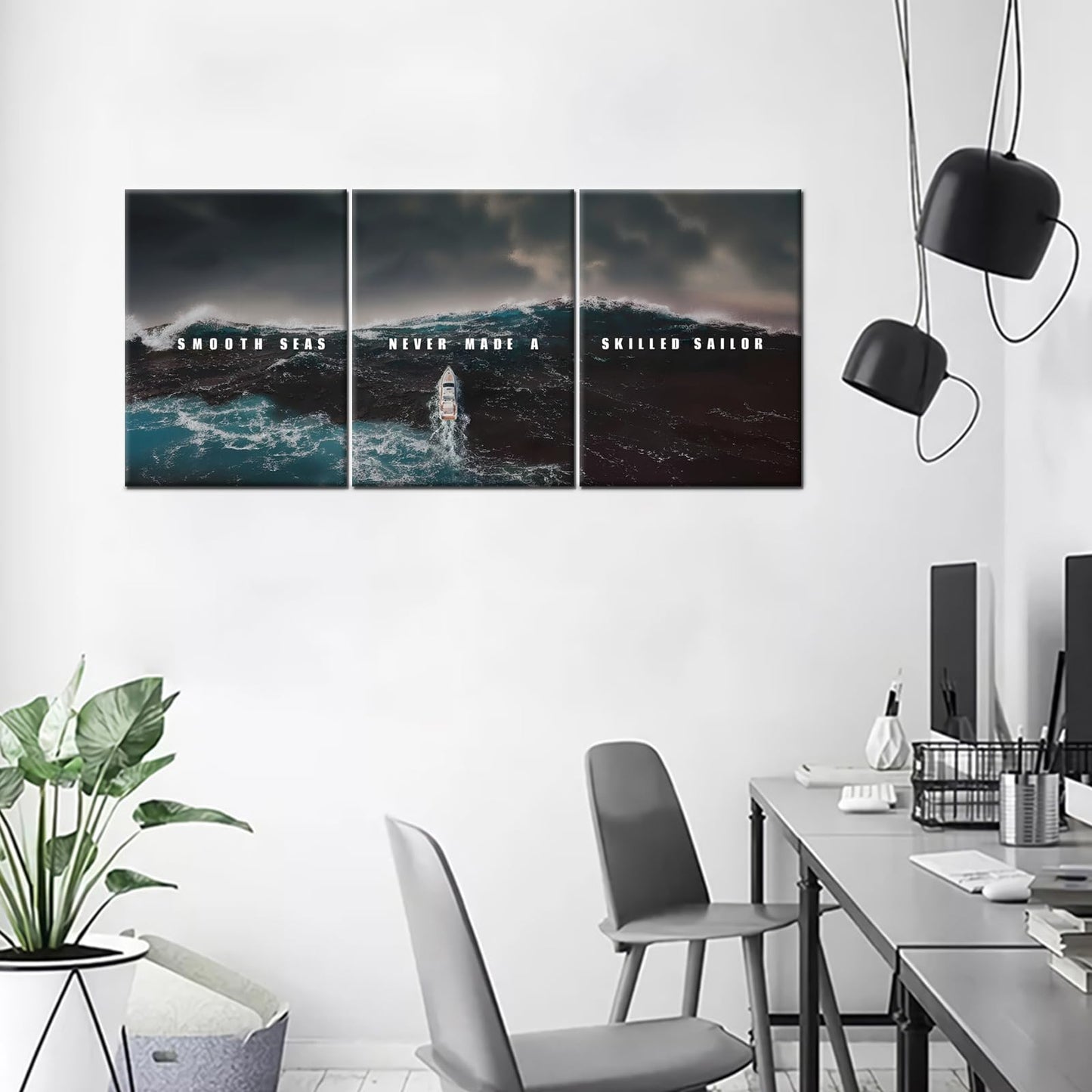 PSYYSP 3 Piece Canvas Wall Art Smooth Seas Never Made a Skilled Sailor Quote, Stormy Ocean Boat Triptych Wall Decor for Bedroom Office, Framed Canvas Prints Set 36x16 Inch