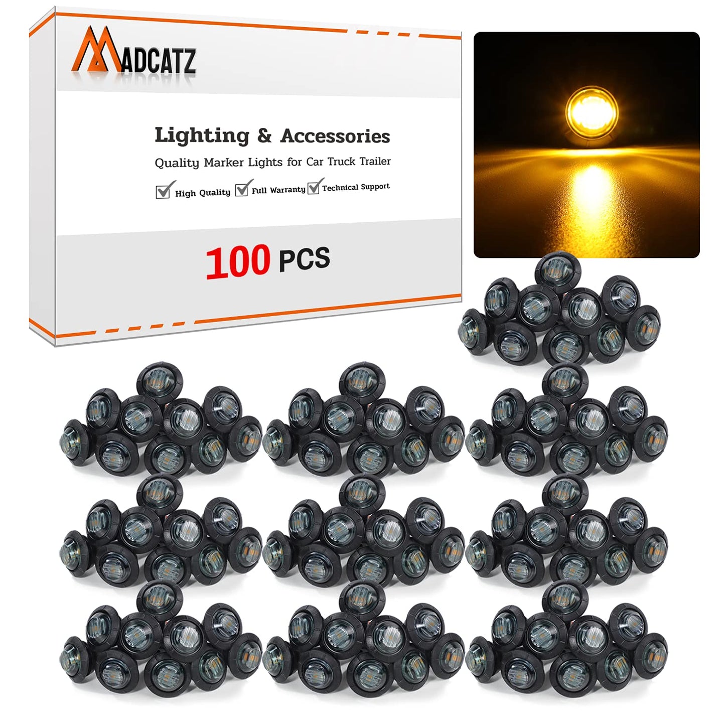 MADCATZ 100 PCS 3/4in Round LED Clearance Light for Trailer, Truck, RV - Smoked Lens Amber Light, 0.8 x 0.8 x 1 inches