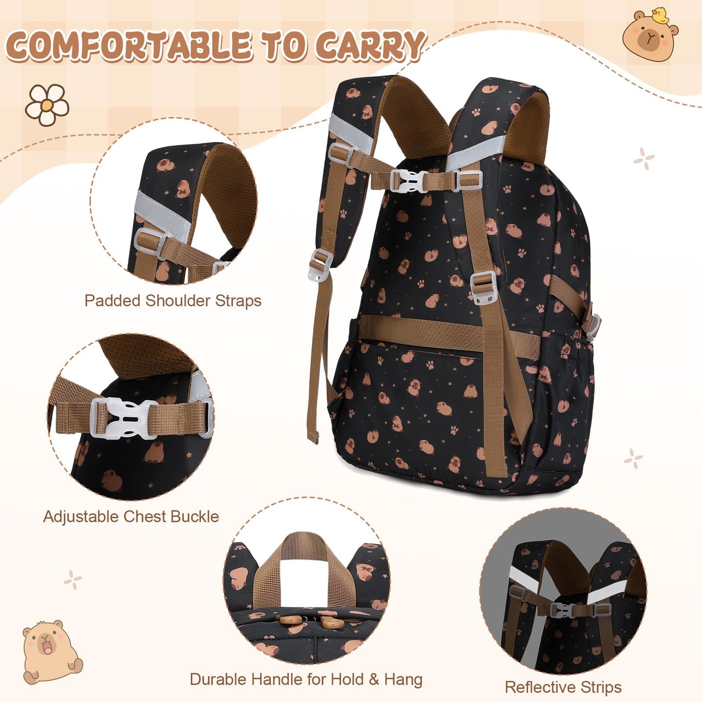 Similove Capybara Theme Backpack for School Girls, 35PCS Kids Backpack Set with School Supplies Stationery Kit Lunch Box Pencil Case, Cute Girls Bookbag for Kindergarten Elementary Student