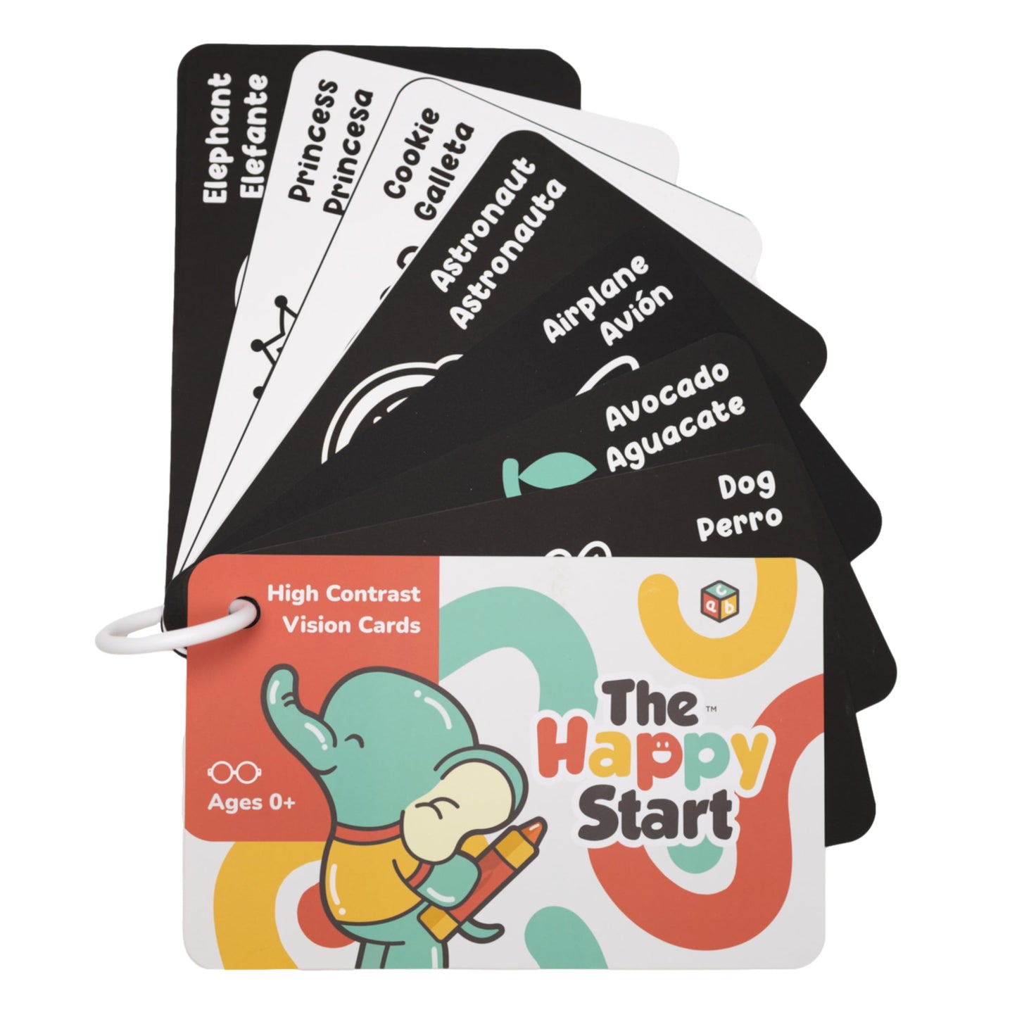 Happy Start High Contrast Baby Cards for Newborns - Black & White Cards, Water-Resistant, BPA-Free, Portable Educational Flashcards for Visual Stimulation, Award-Winning, Ages 0+ (English & Español)