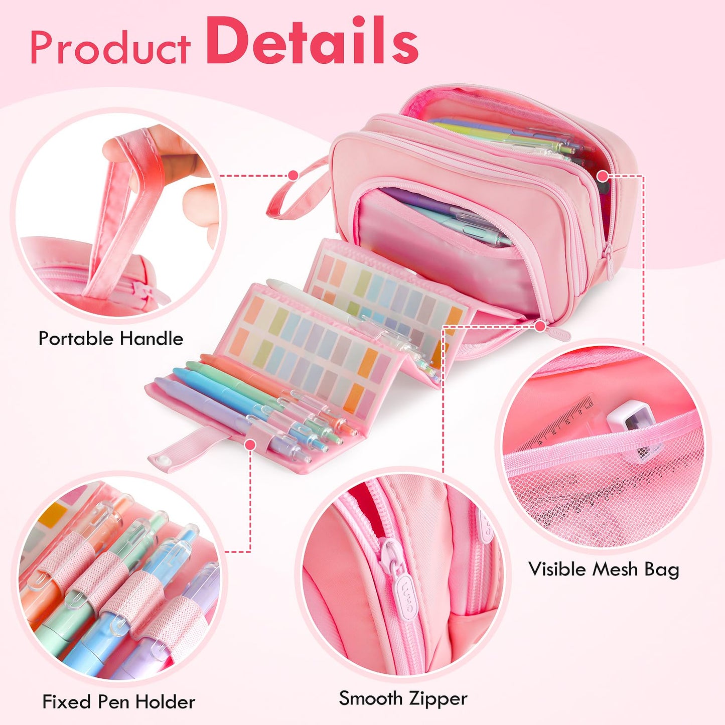 SANANT Large Capacity Pencil Case with Pull-out Structure - Multifunctional Extra Big Pencil Pouch Pen bag, Portable Stationery Organizer with Zipper, College Office School Supplies for Girls, Pink