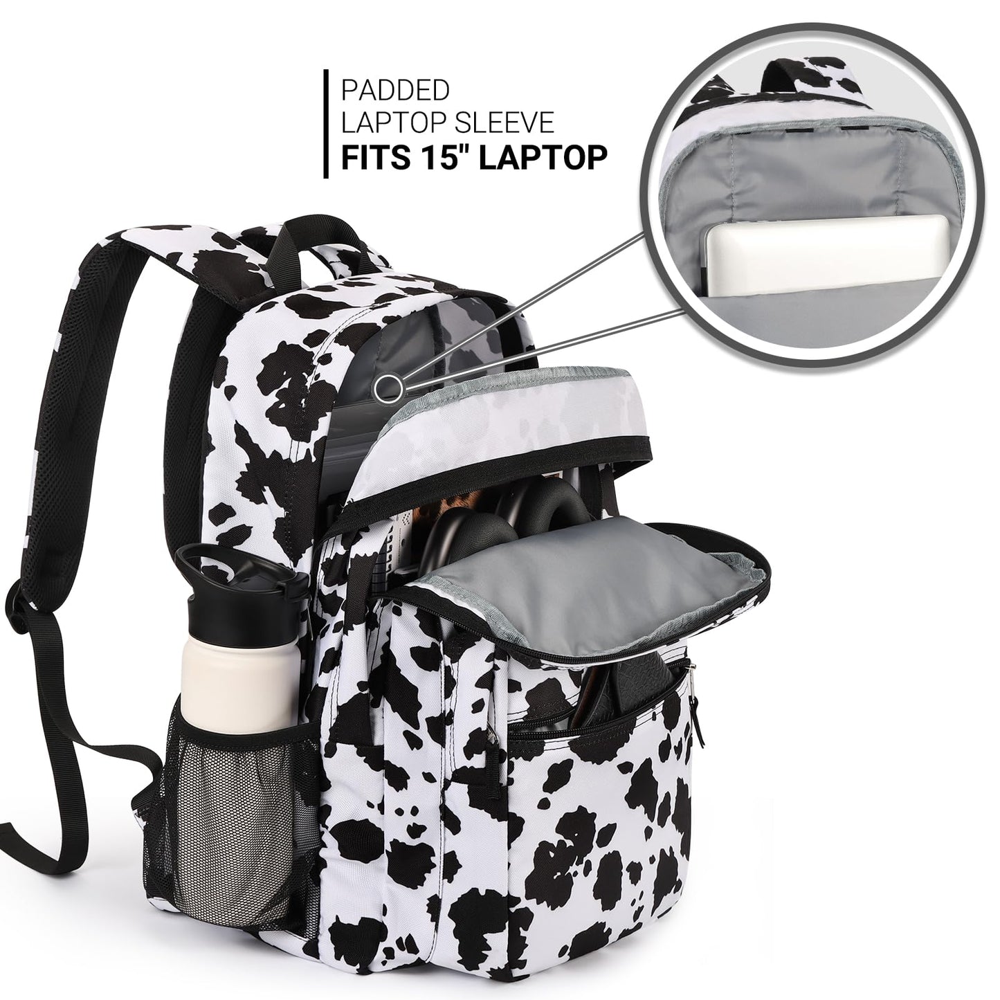 ZORFIN 26L Backpack for College, and Travel: Water Resistant Bookbag - Cow Print Black