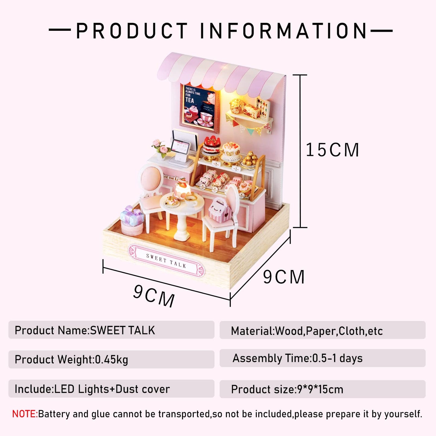 Miniature House Kit, CUTEROOM Tiny House Kit Wooden Dollhouse Kit Mini House Making Kit with Dust Cover, DIY Dollhouse Kit Birthday Gift- Sweet Talk