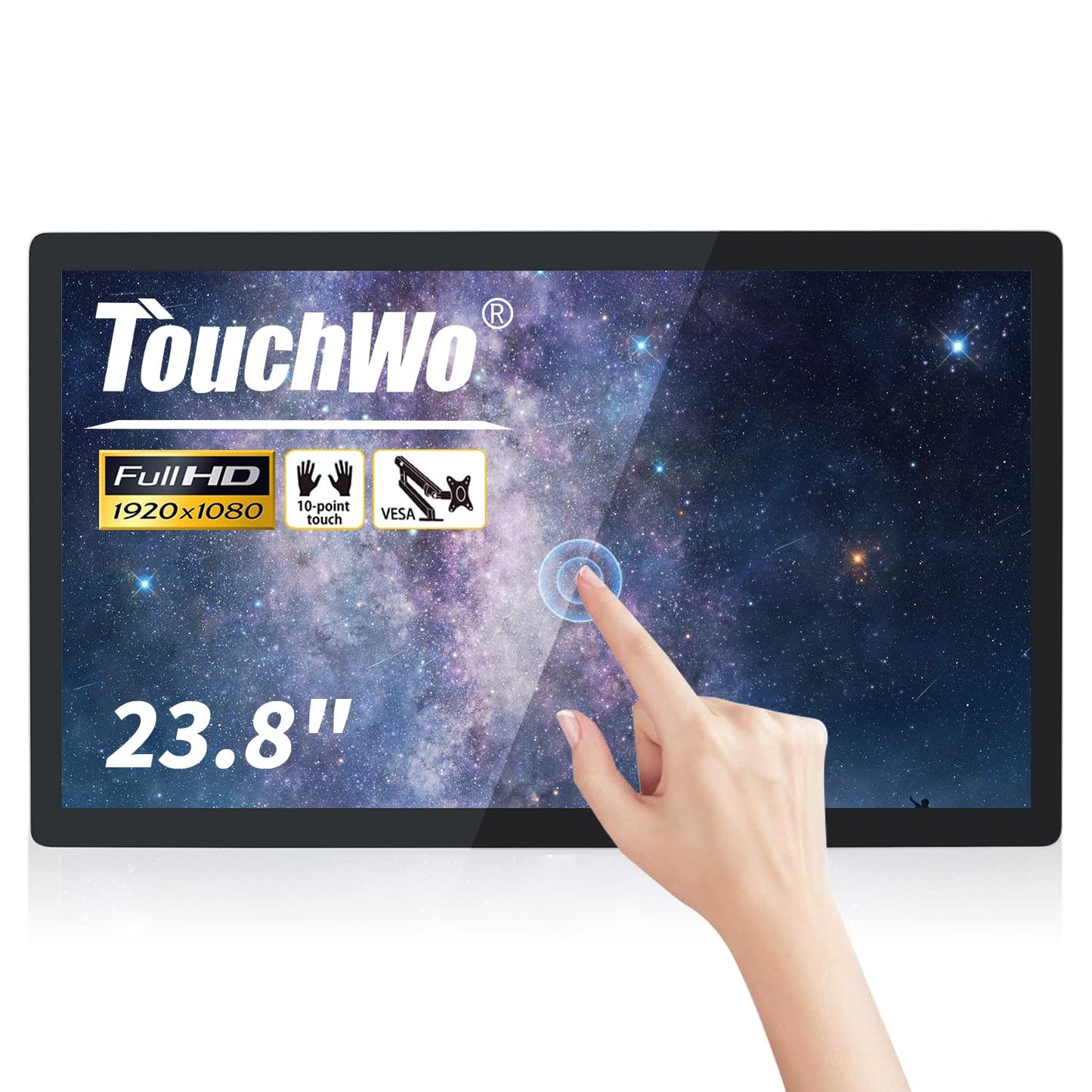 TouchWo 23.8 inch Capacitive Multi-Touch Screen Industrial Monitor, 16:9 Display 1920 x 1080P, Built-in Speakers, VGA, DVI & HD-MI Monitor for PC, POS, Small Business, Restaurant