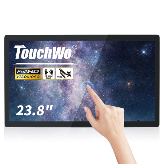 TouchWo 23.8 inch Capacitive Multi-Touch Screen Industrial Monitor, 16:9 Display 1920 x 1080P, Built-in Speakers, VGA, DVI & HD-MI Monitor for PC, POS, Small Business, Restaurant